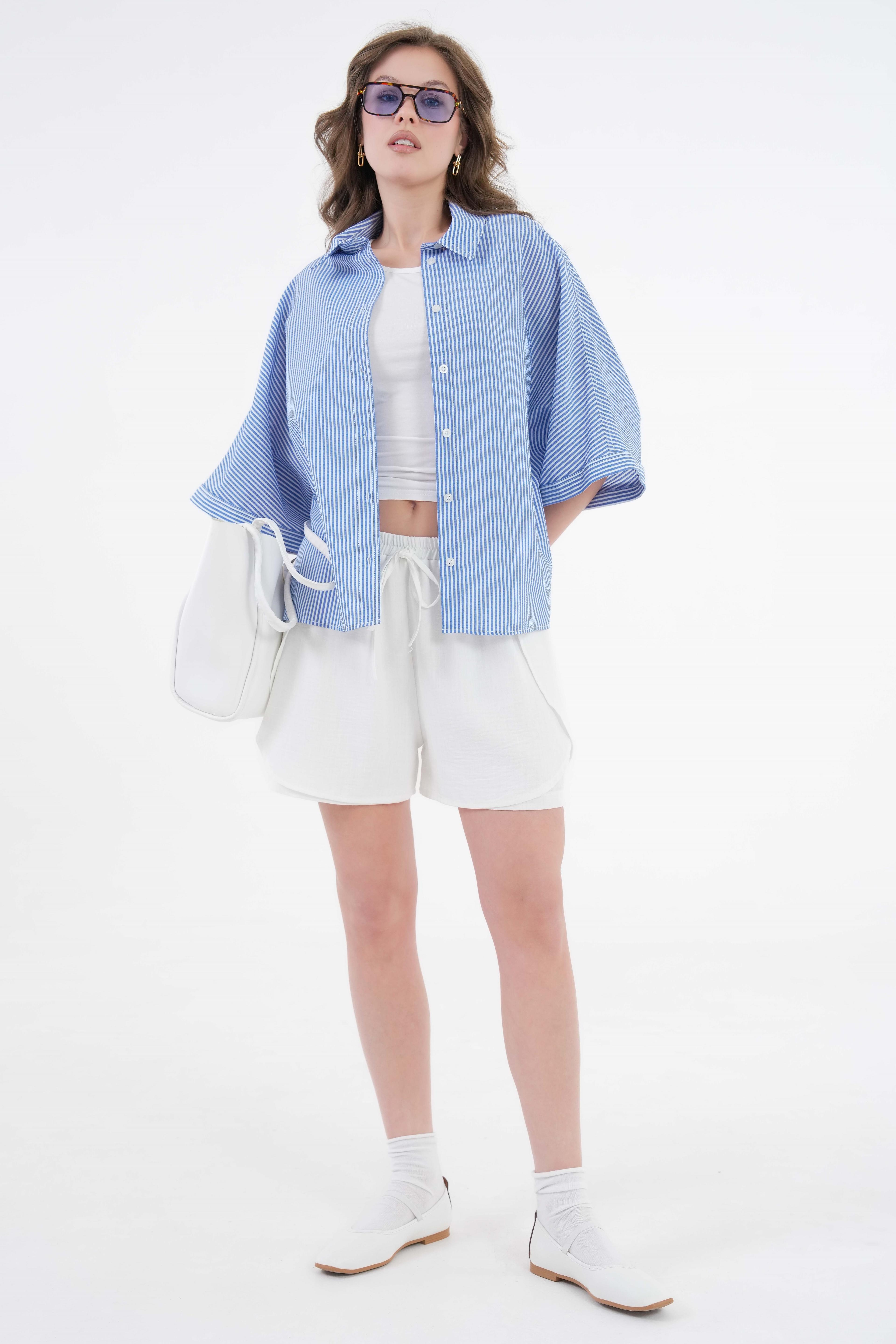 Çizgili Oversize Dokuma Basic Gömlek