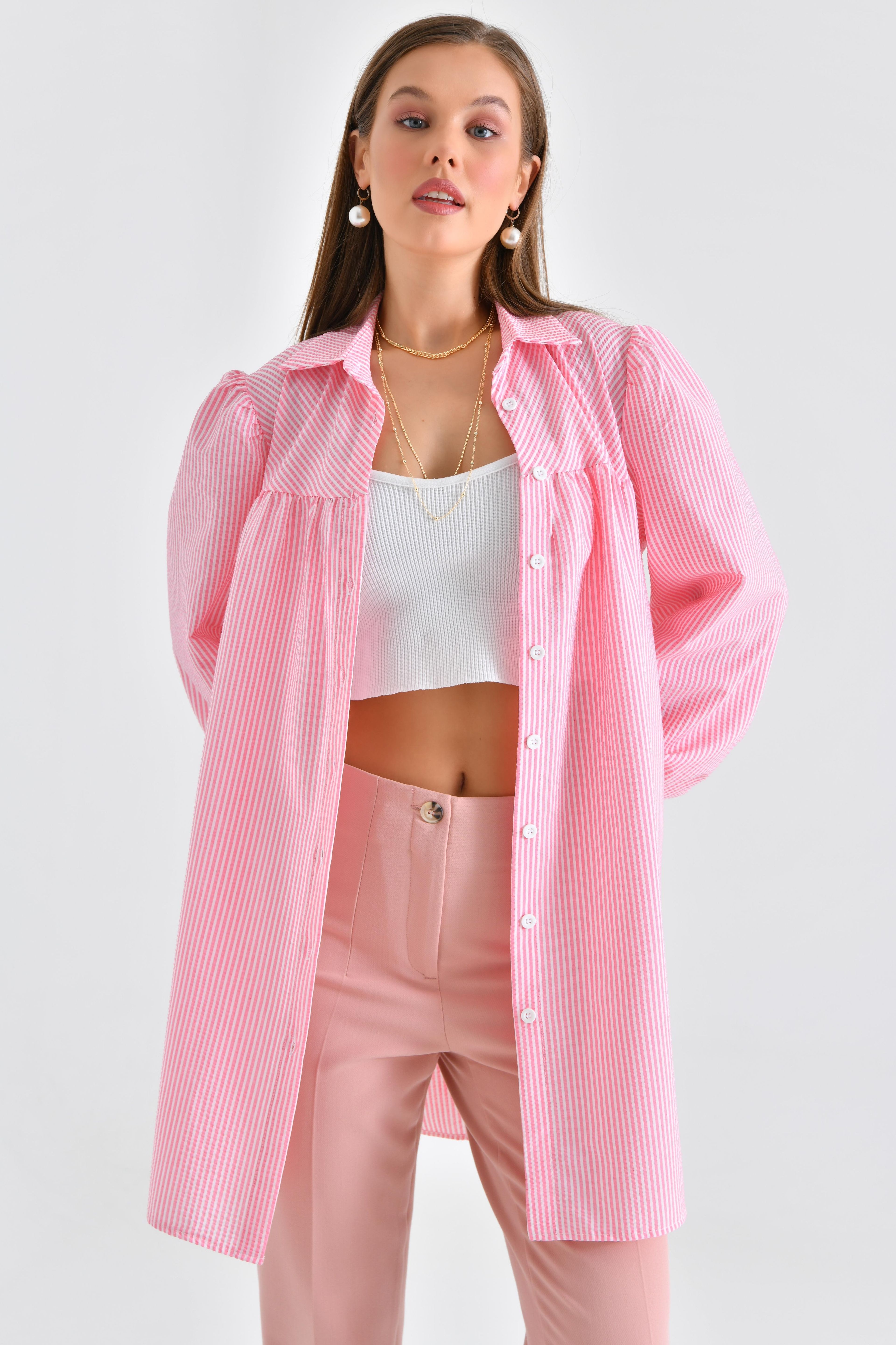 Çizgili Bürümcük Kumaş Verev Roba Ve Büzgü Detaylı - Pembe