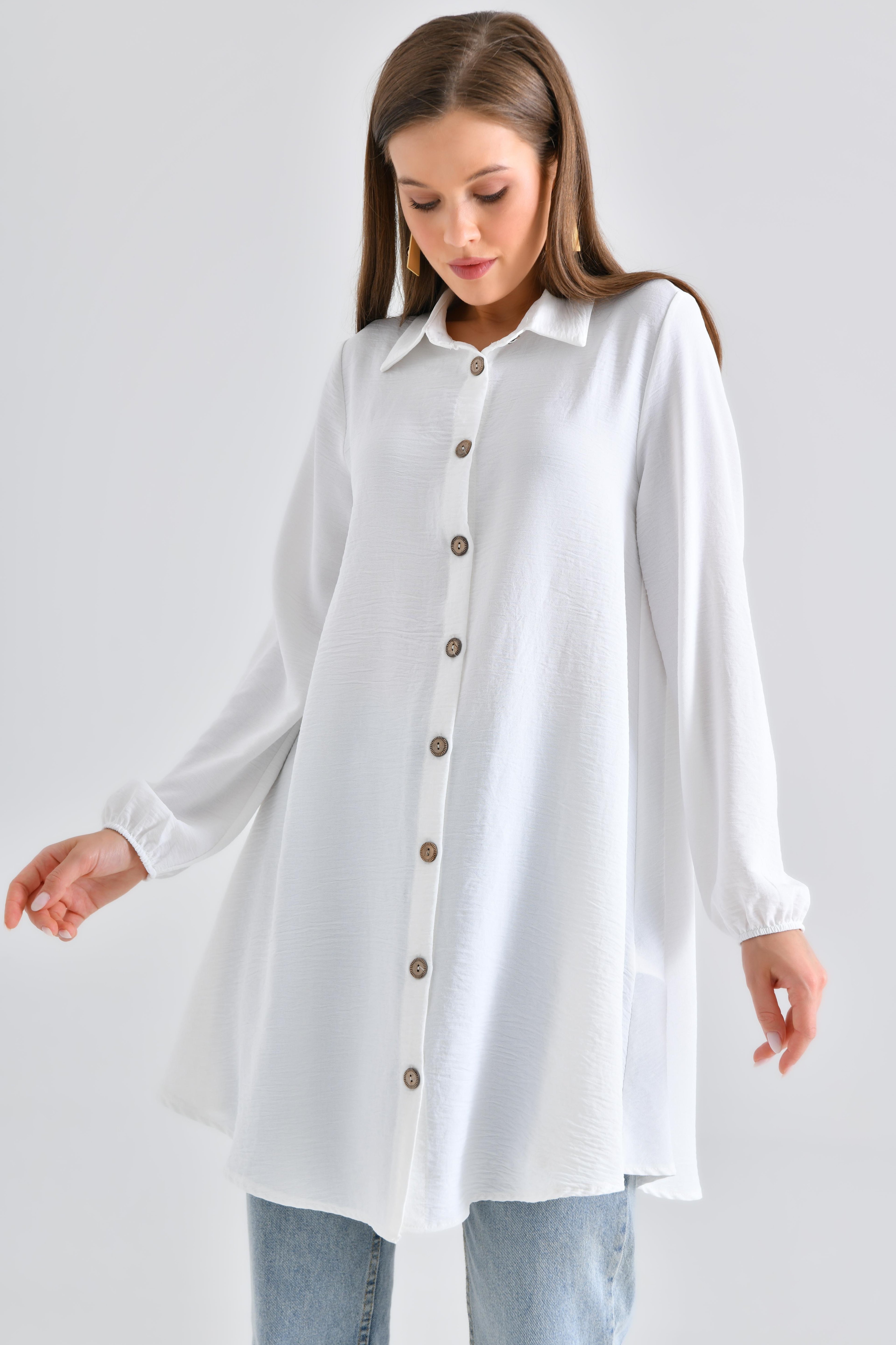 Ahşap Düğmeli Tunik - Beyaz