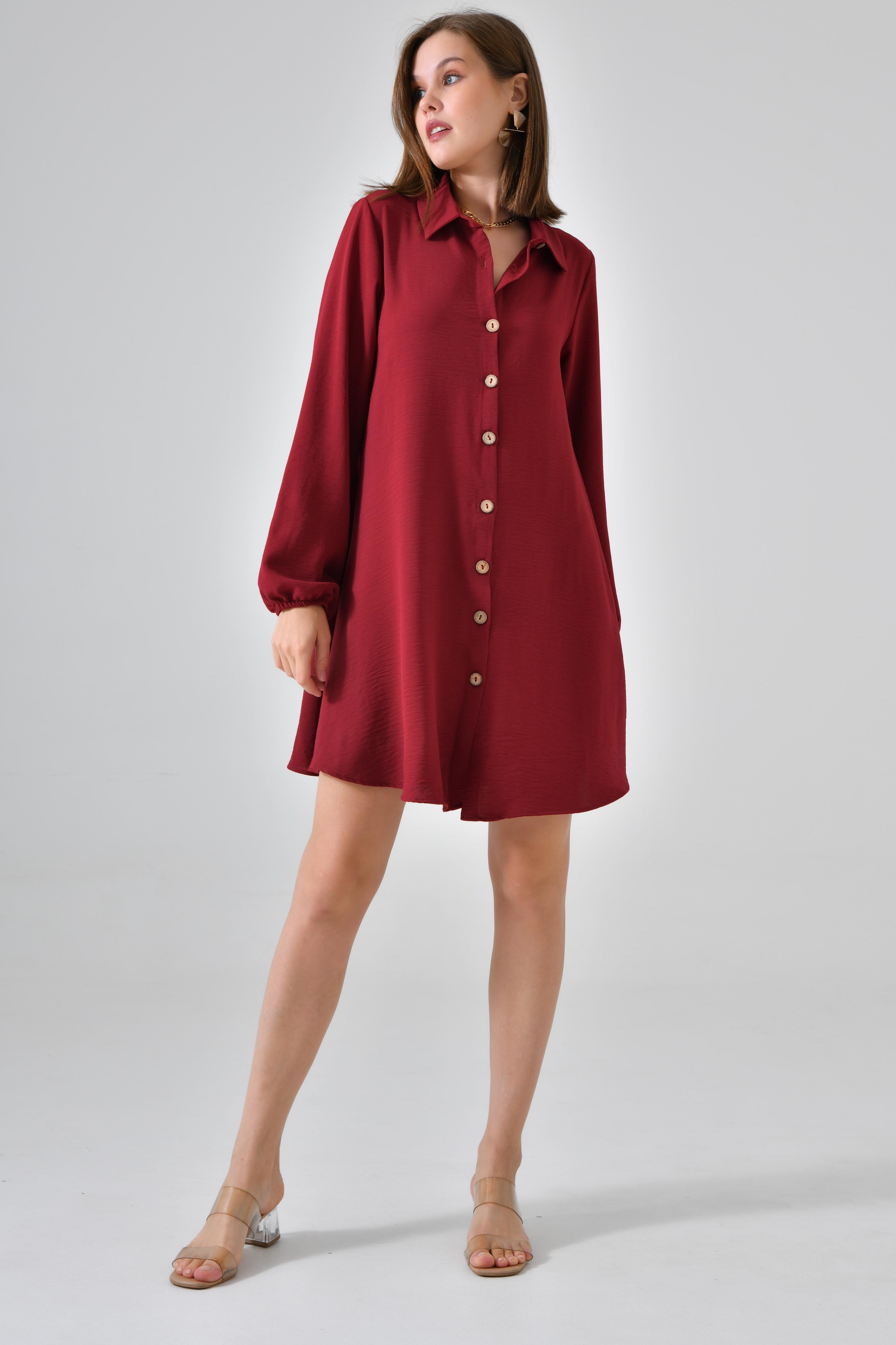 Ahşap Düğmeli Tunik - Bordo