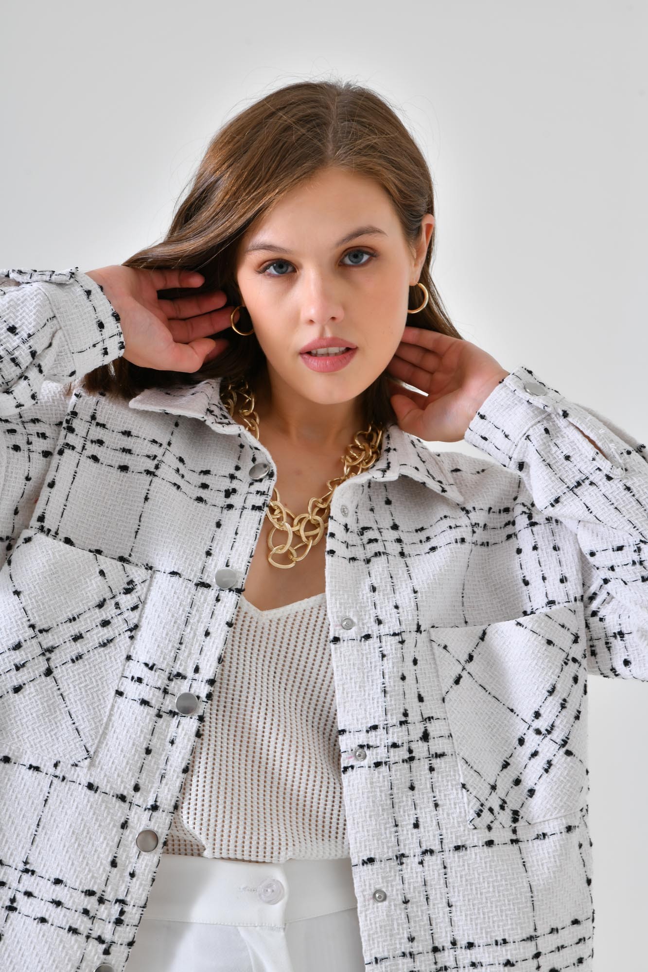Çıtçıtlı Oversize Çift Cepli Ekoseli Gömlek