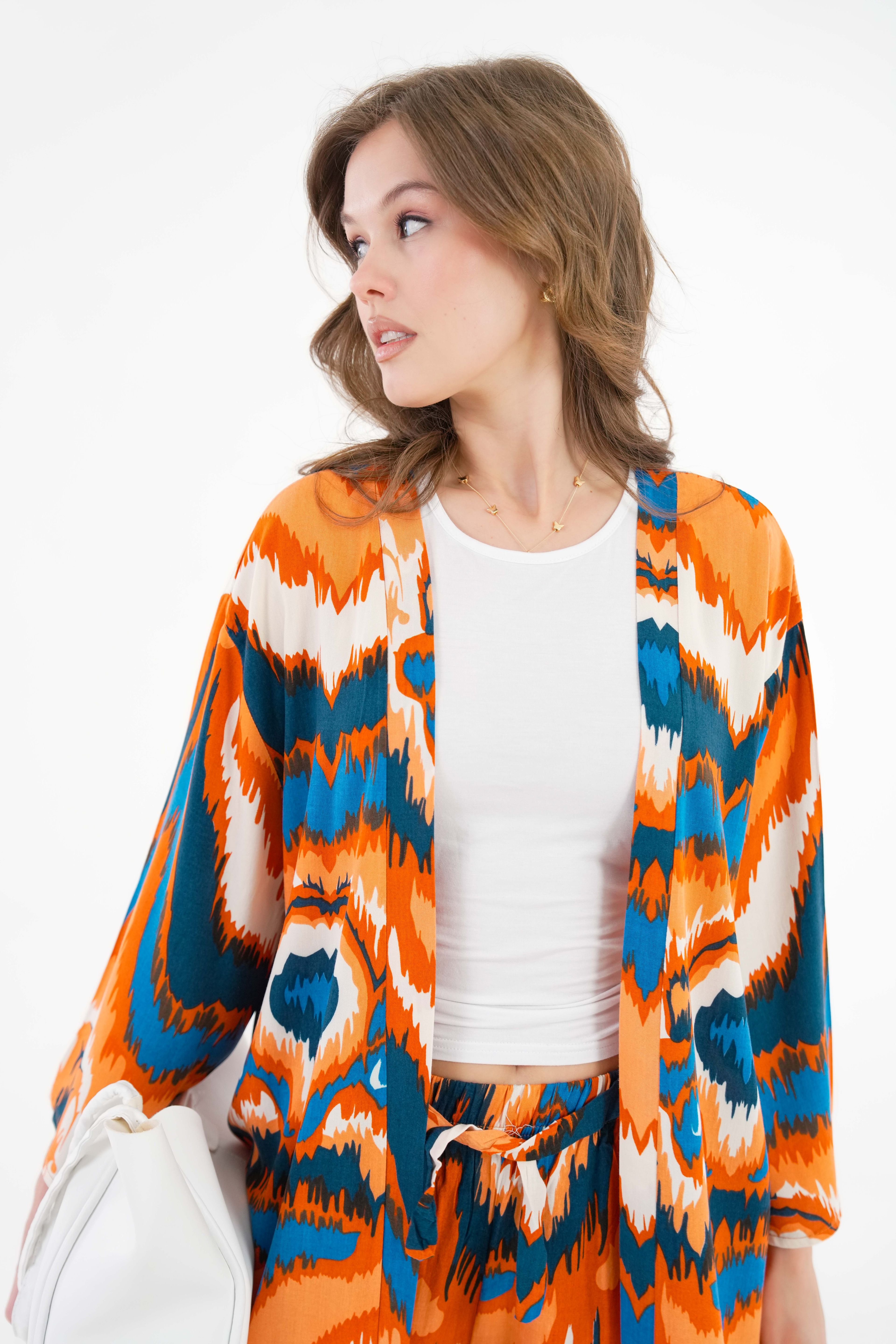 Desenli Kimono -Beli Lastikli Palazzo Pantolon Alt-Üst Takım - Turuncu