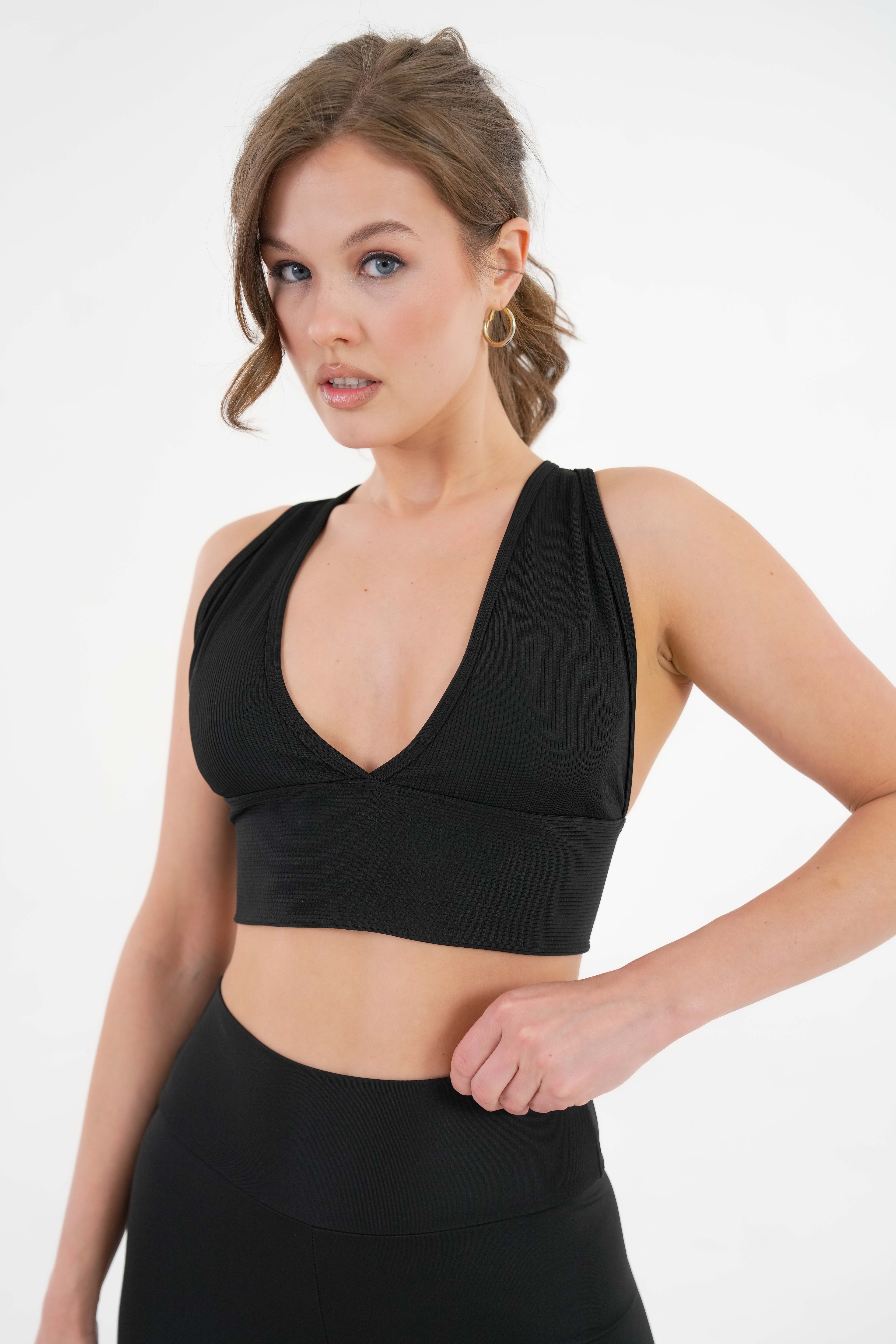 Dekolte V Yaka Fitilli Örme Seamless Pamuk Crop Büstiyer - Pedli Sporcu Sütyeni - Siyah