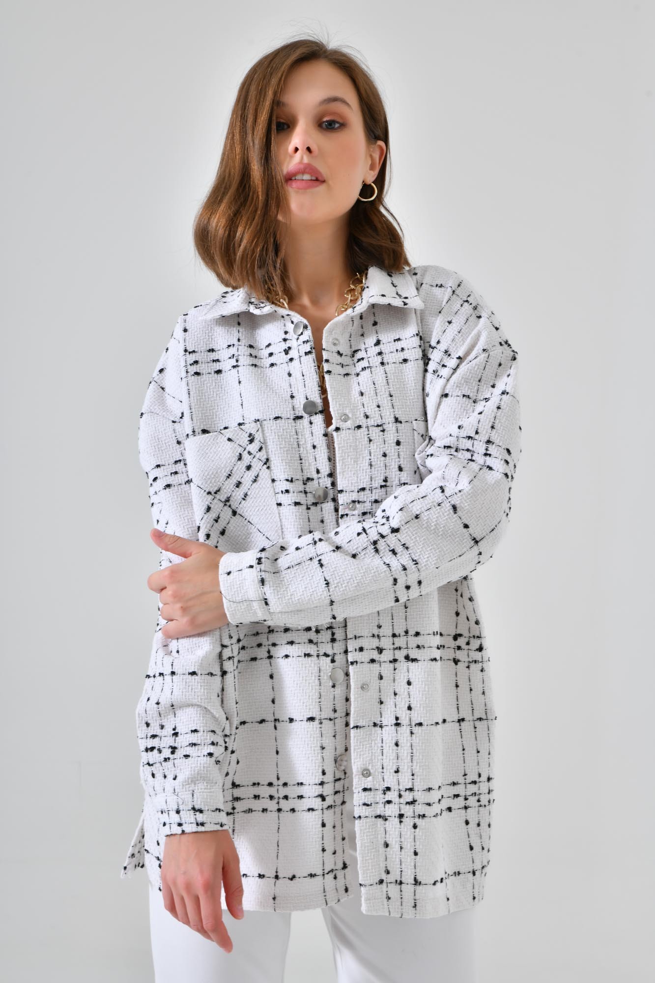 Çıtçıtlı Oversize Çift Cepli Ekoseli Gömlek