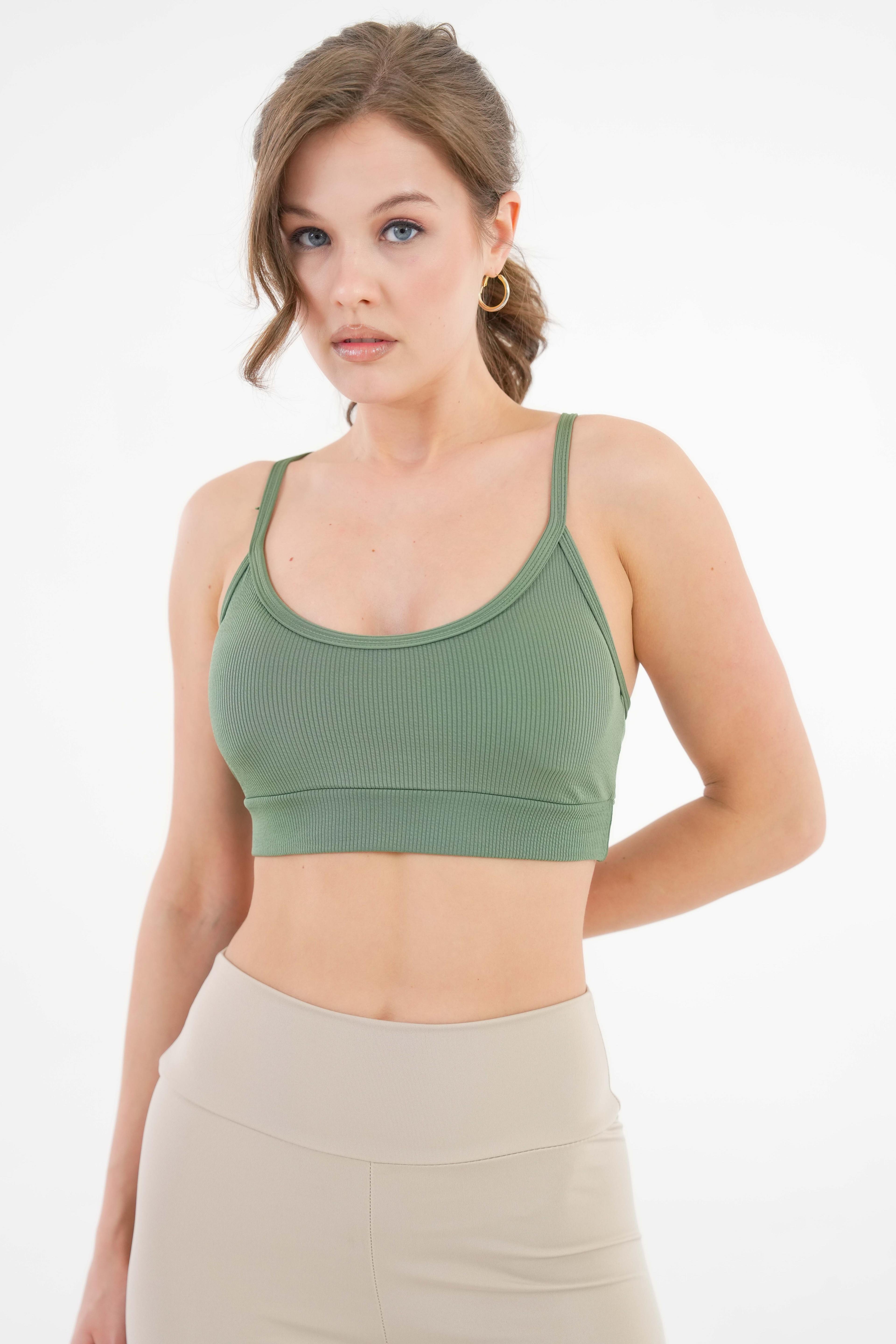 U Yaka İp Askılı Fitilli Basic Örme Crop Büstiyer - Haki