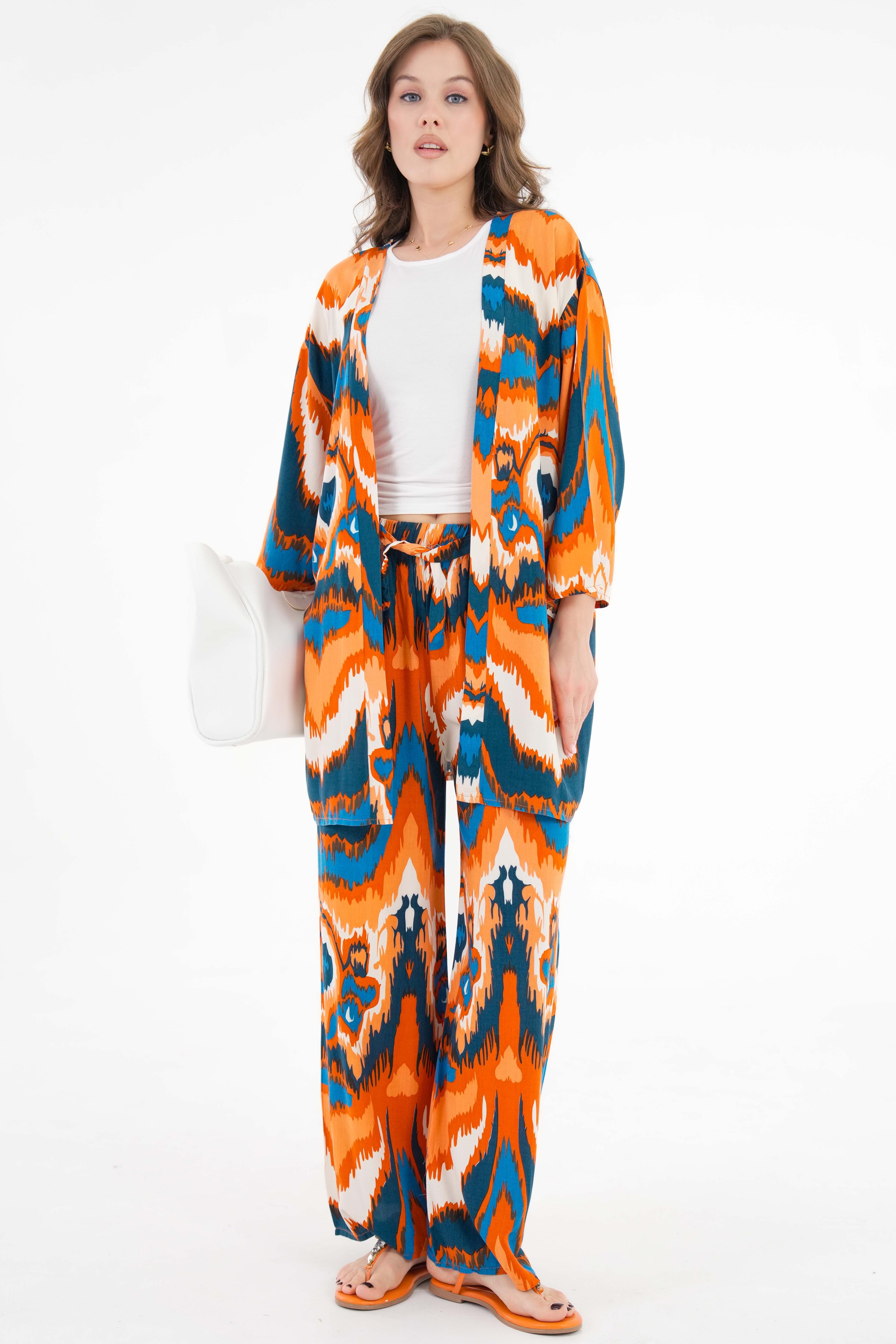 Desenli Kimono -Beli Lastikli Palazzo Pantolon Alt-Üst Takım - Turuncu