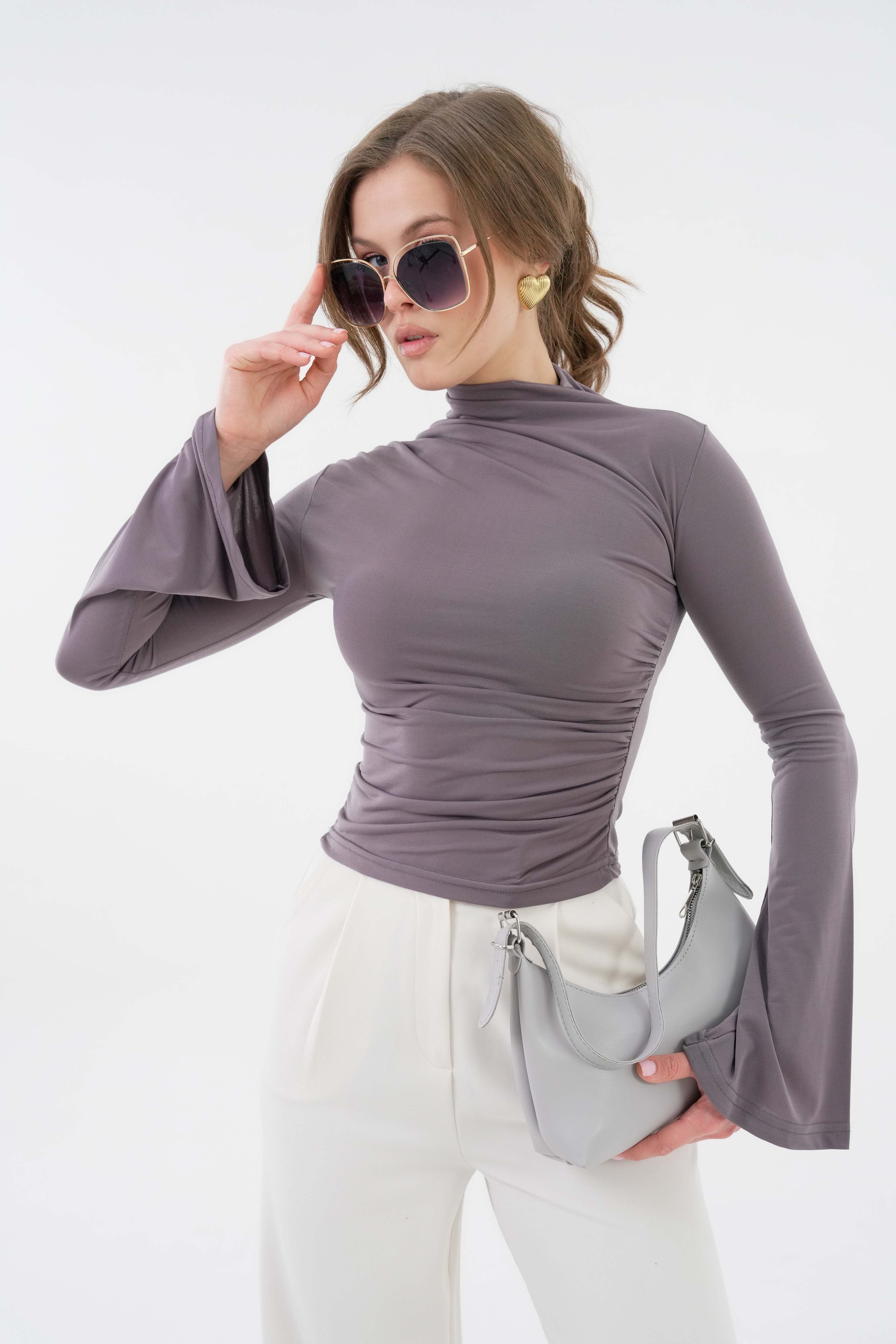 Yanı Drape Büzgülü Likralı Örme Bluz