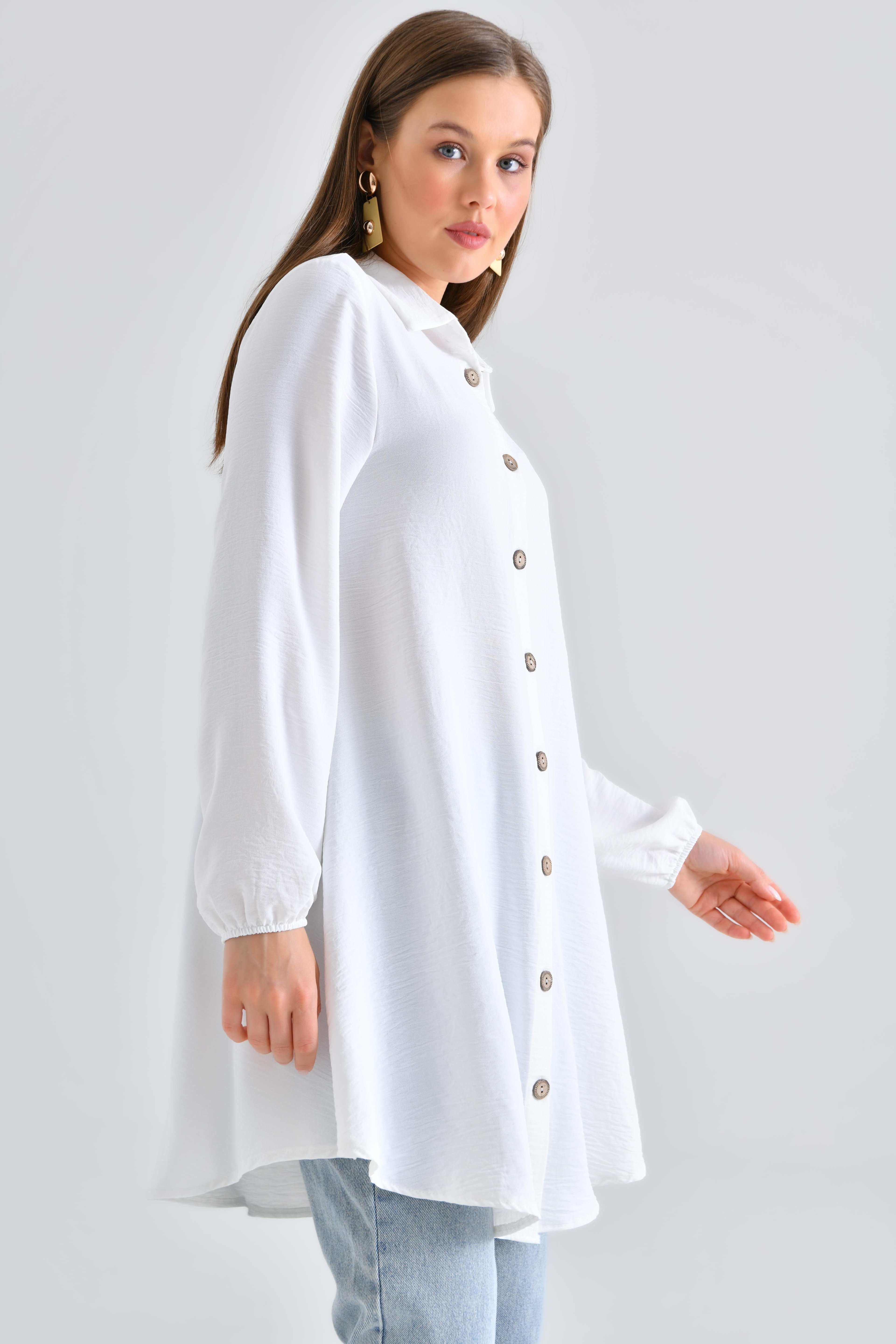 Ahşap Düğmeli Tunik - Beyaz