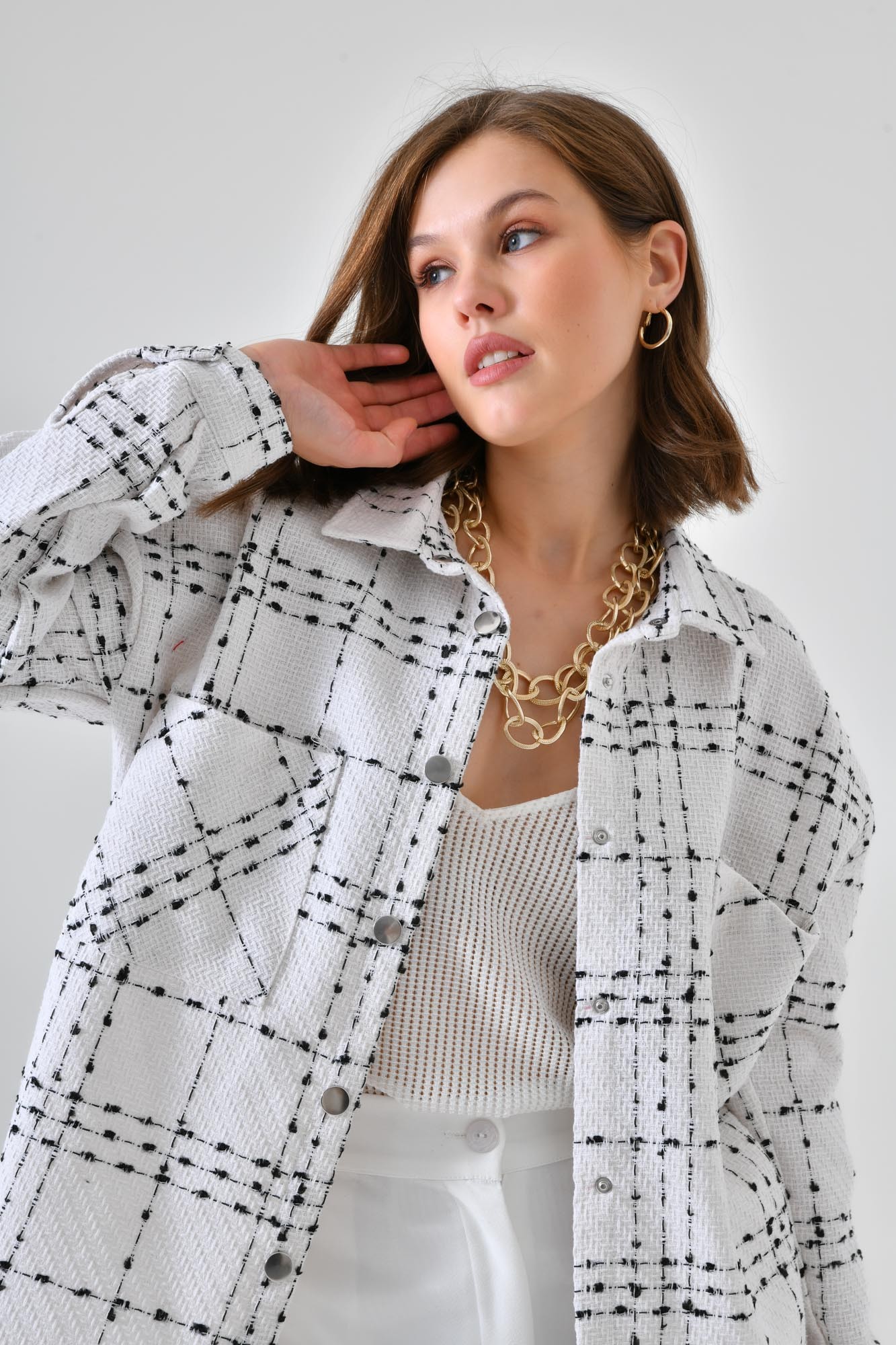 Çıtçıtlı Oversize Çift Cepli Ekoseli Gömlek