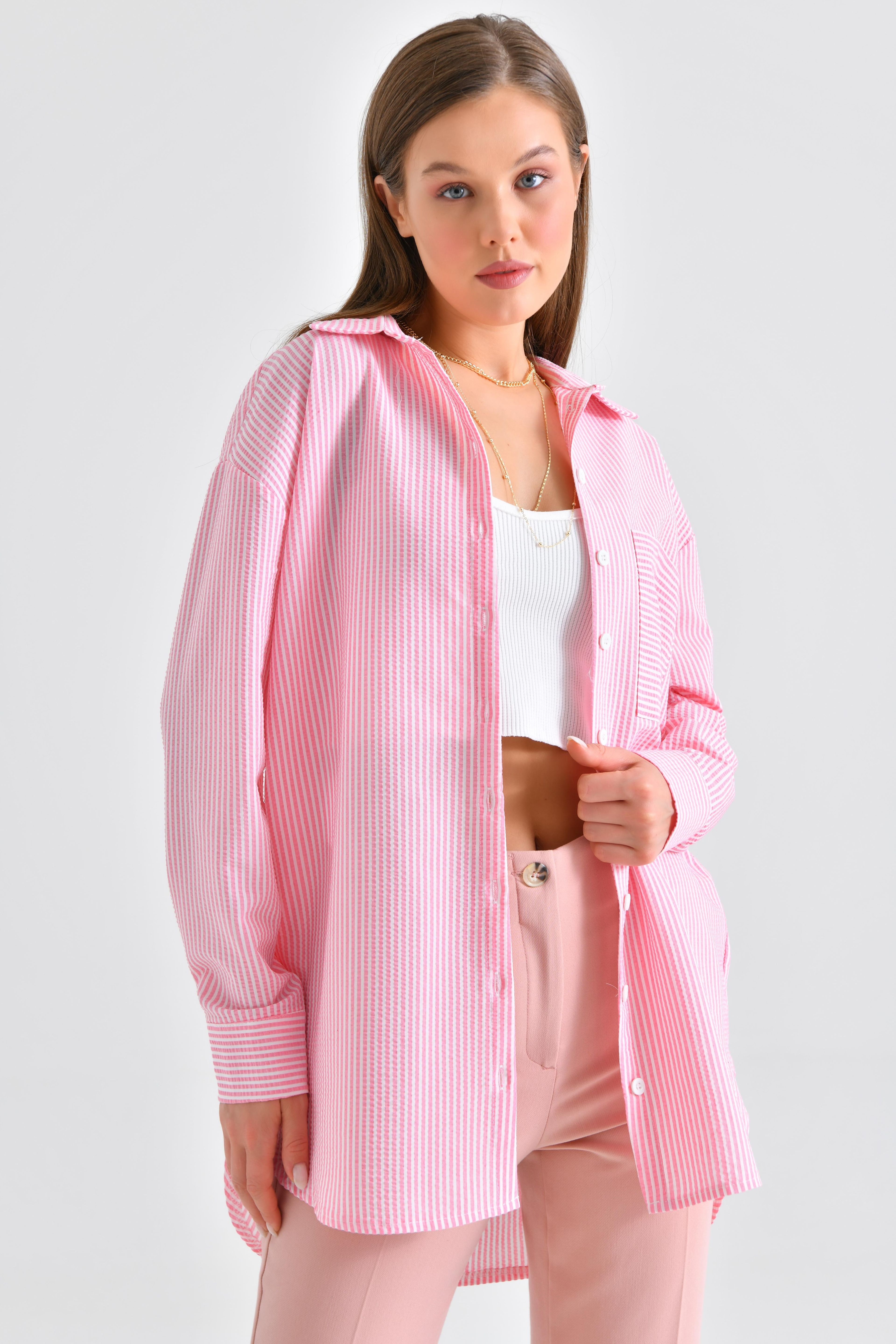 Bürümcük Detaylı Çizgili Gömlek - Pembe