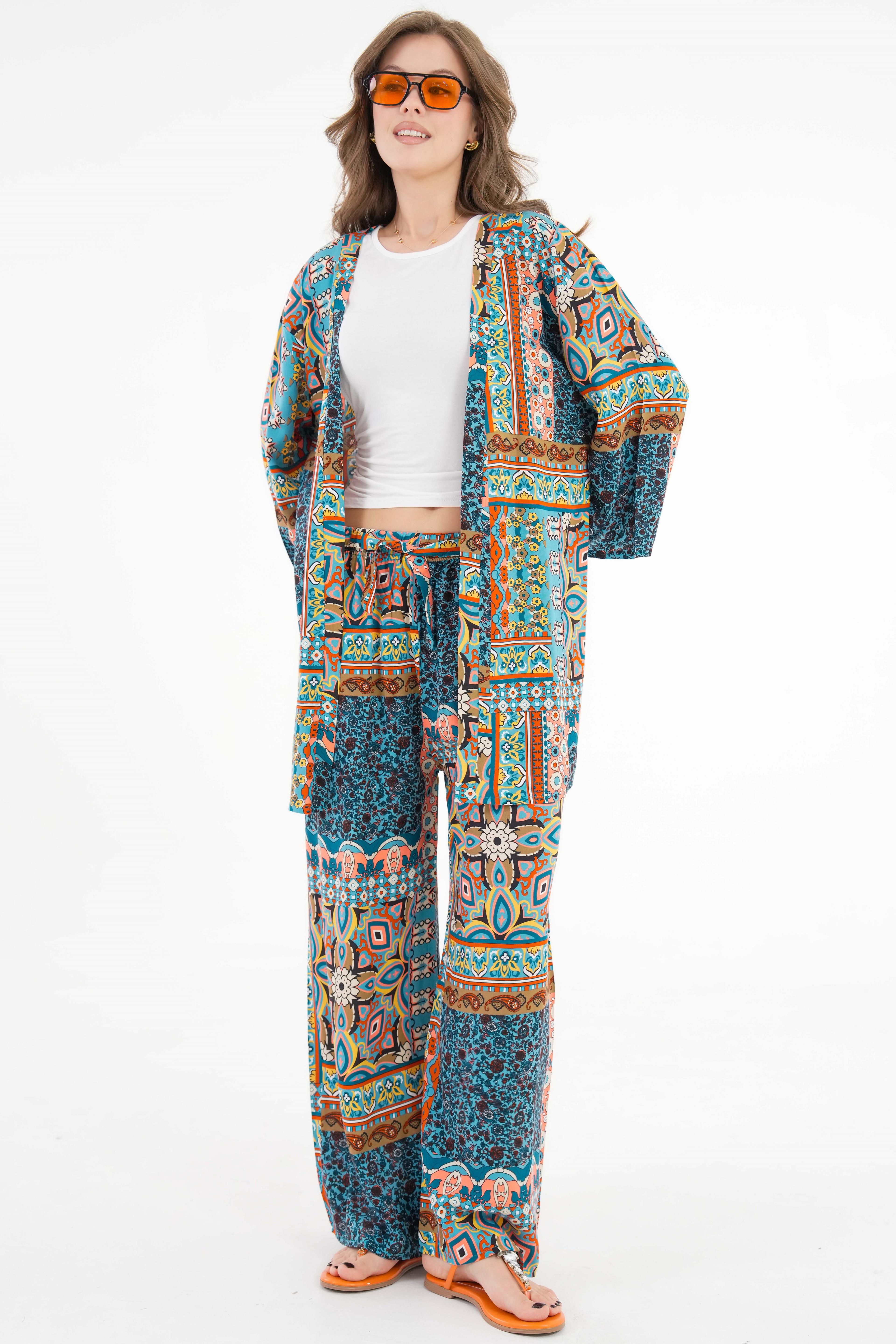 Desenli Kimono -Beli Lastikli Palazzo Pantolon Alt-Üst Takım