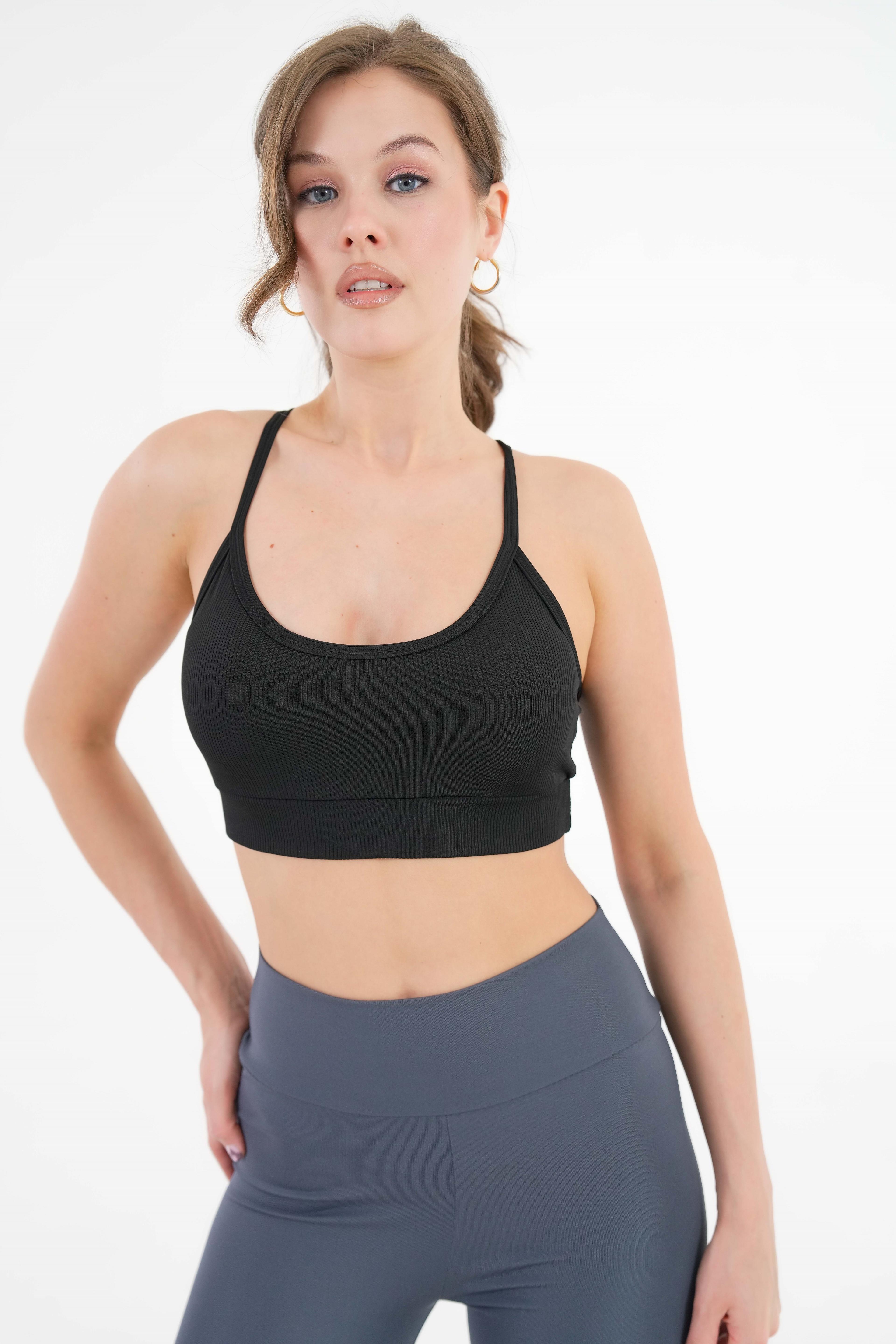 U Yaka İp Askılı Fitilli Basic Örme Crop Büstiyer - Siyah