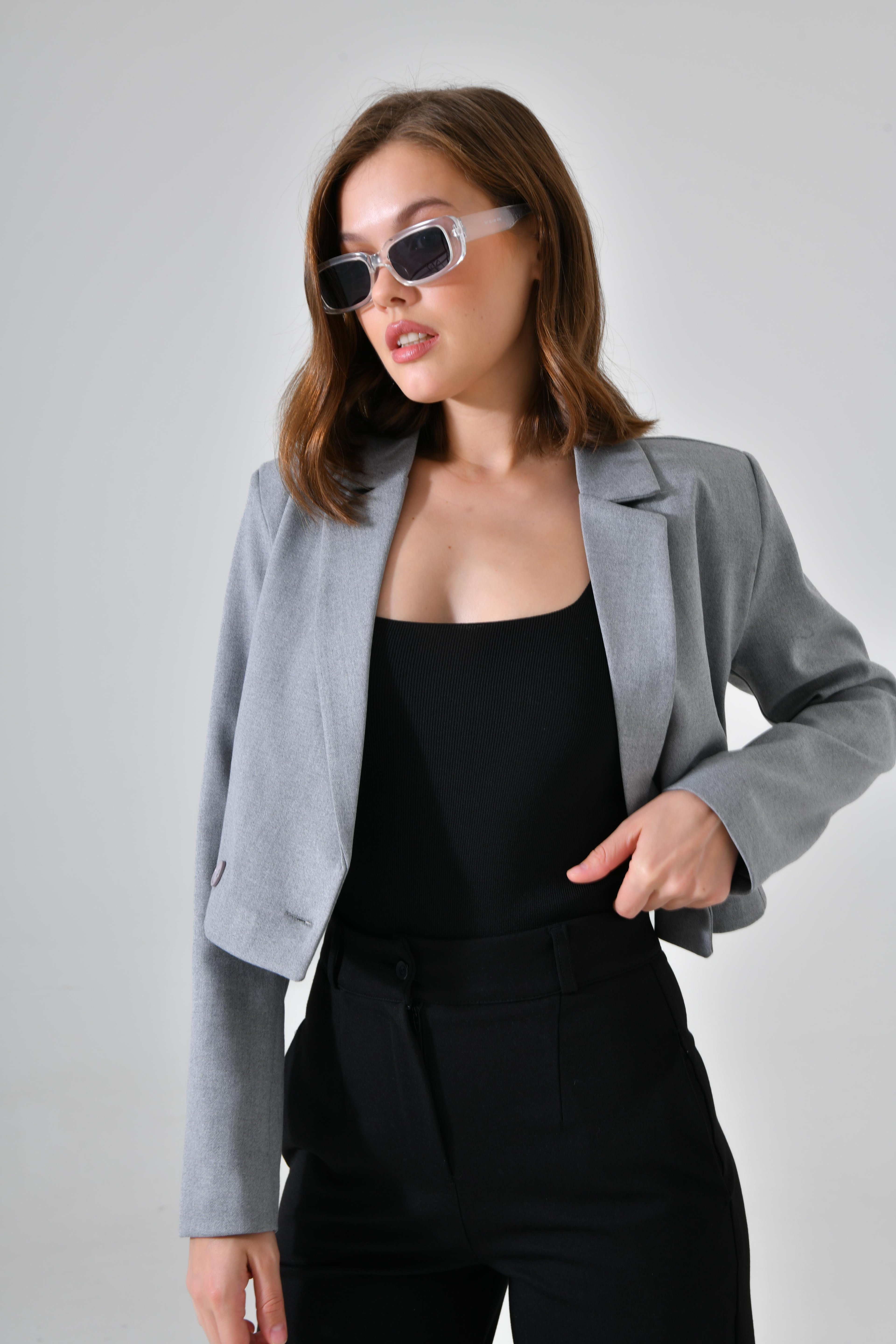 Kruvaze Crop Ceket - Gri