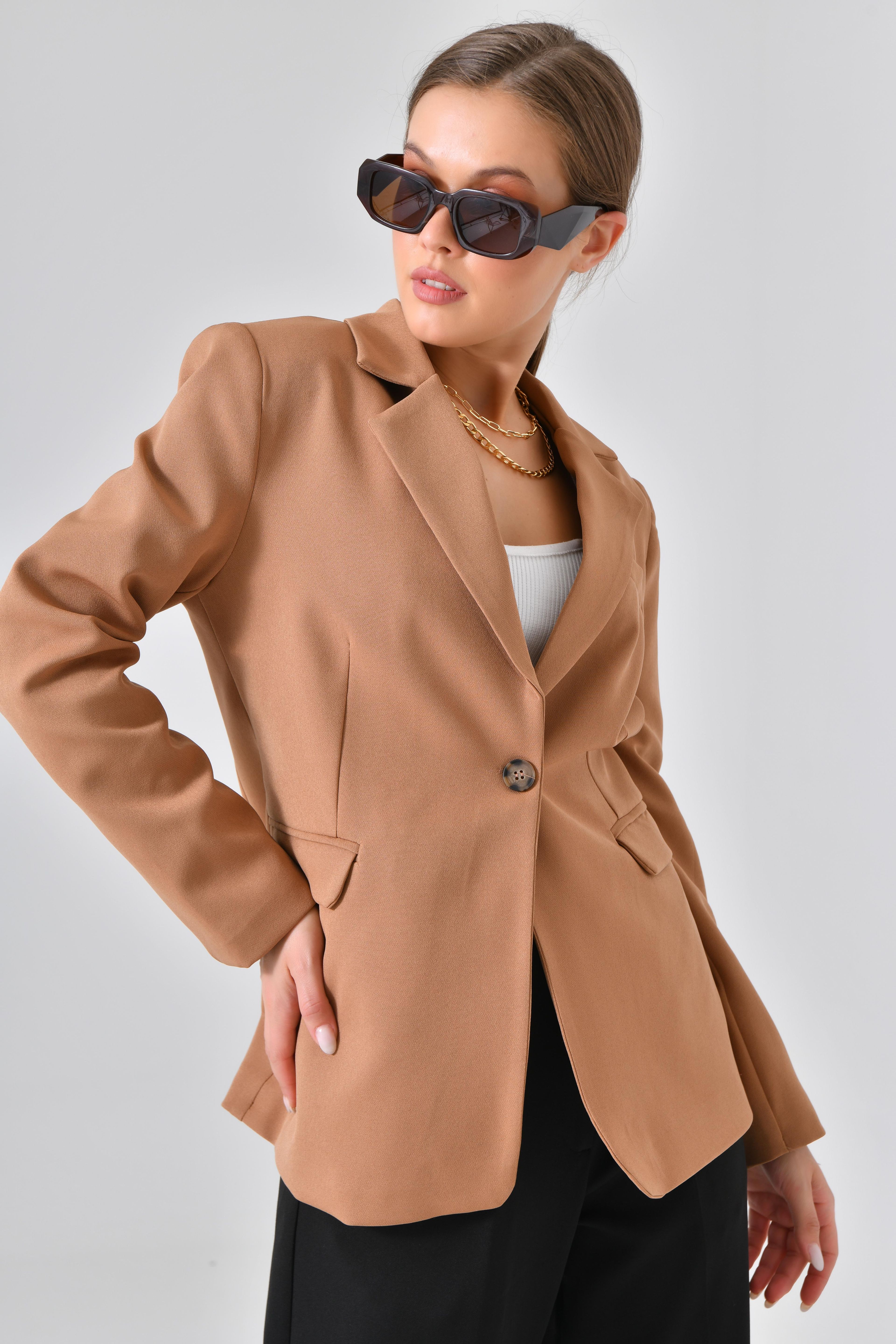Tek Düğme Kapama Yırtmaç Detaylı Dokuma Blazer Ceket
