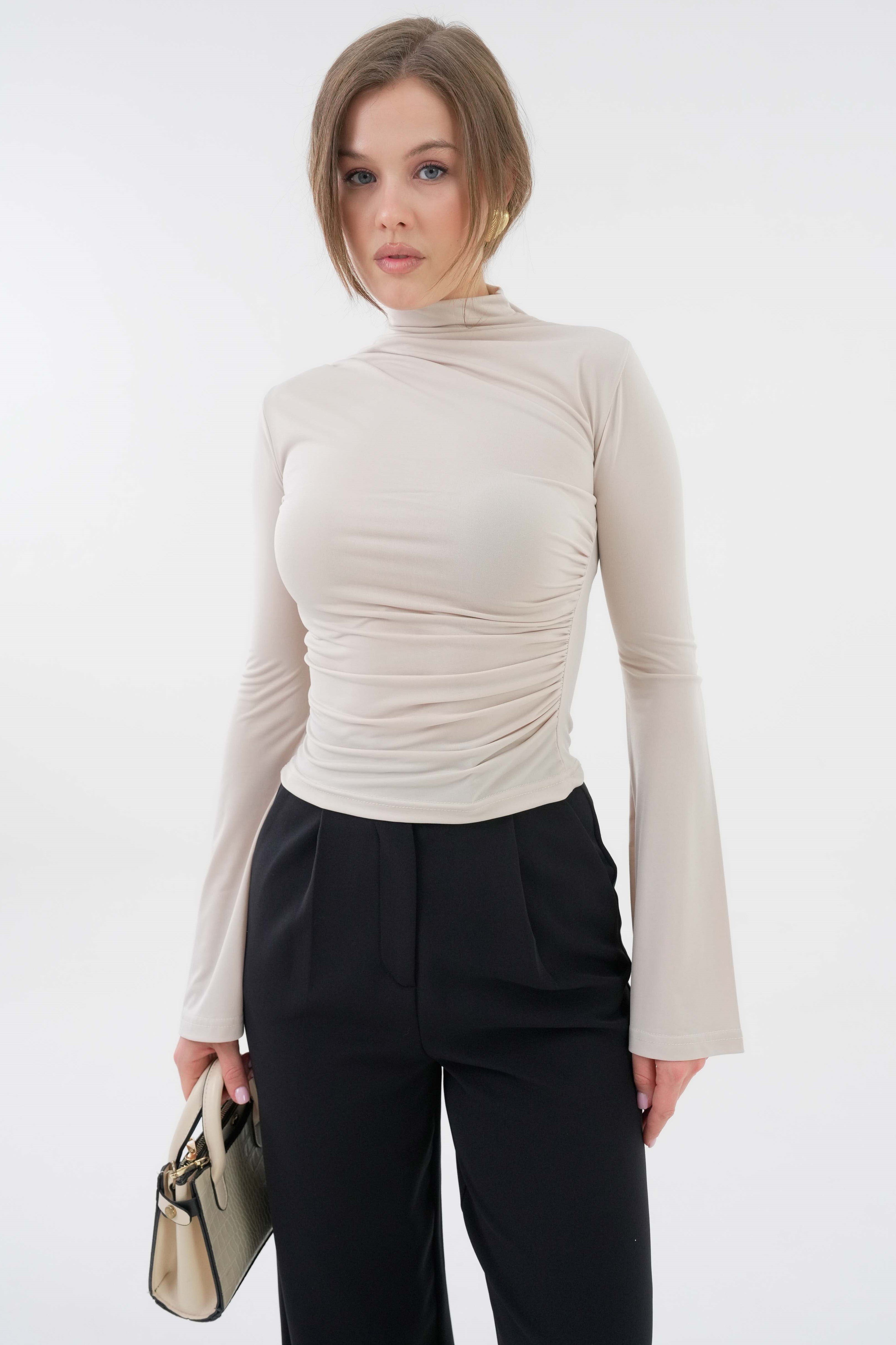 Yanı Drape Büzgülü Likralı Örme Bluz - Taş