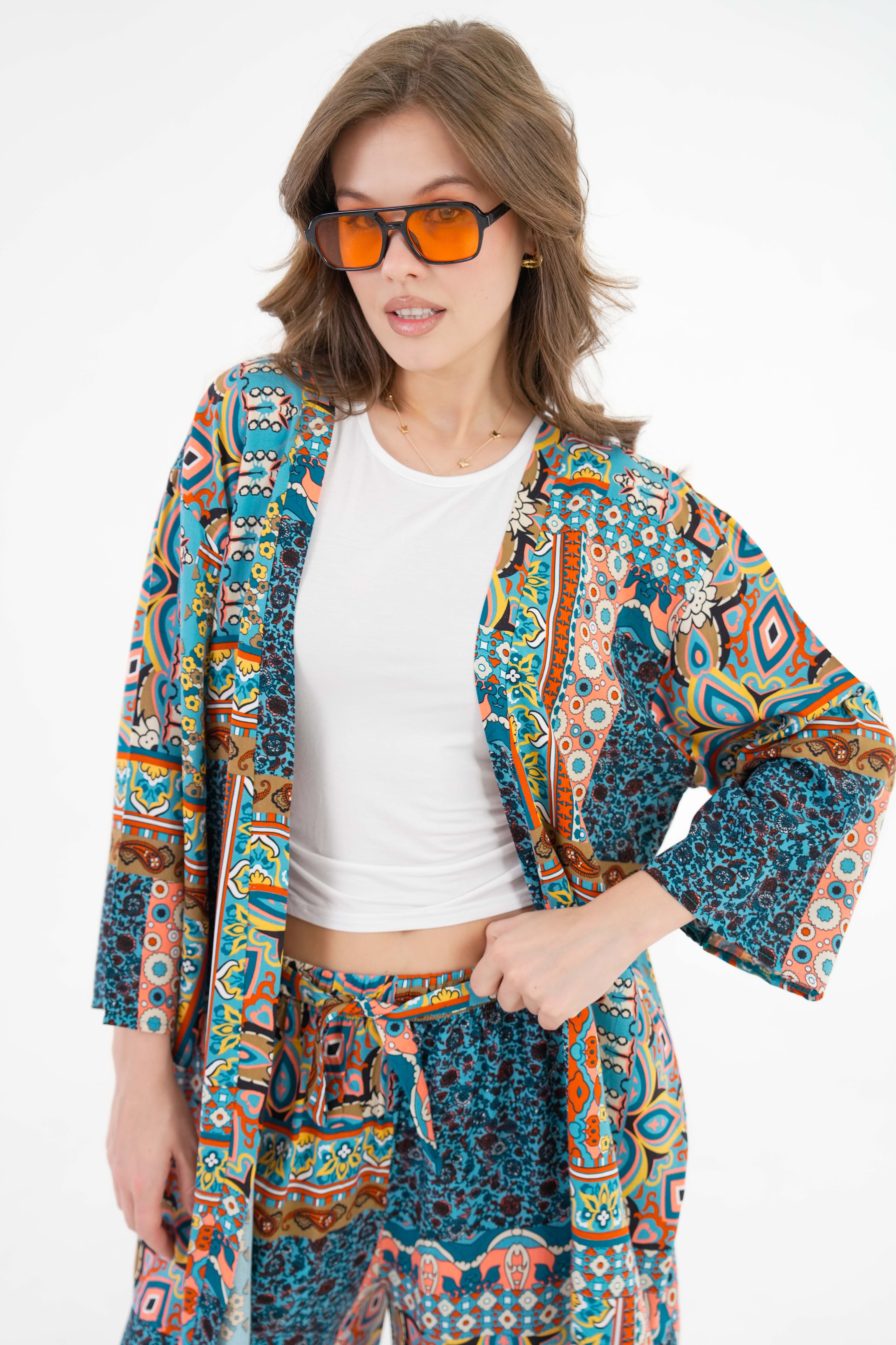 Desenli Kimono -Beli Lastikli Palazzo Pantolon Alt-Üst Takım