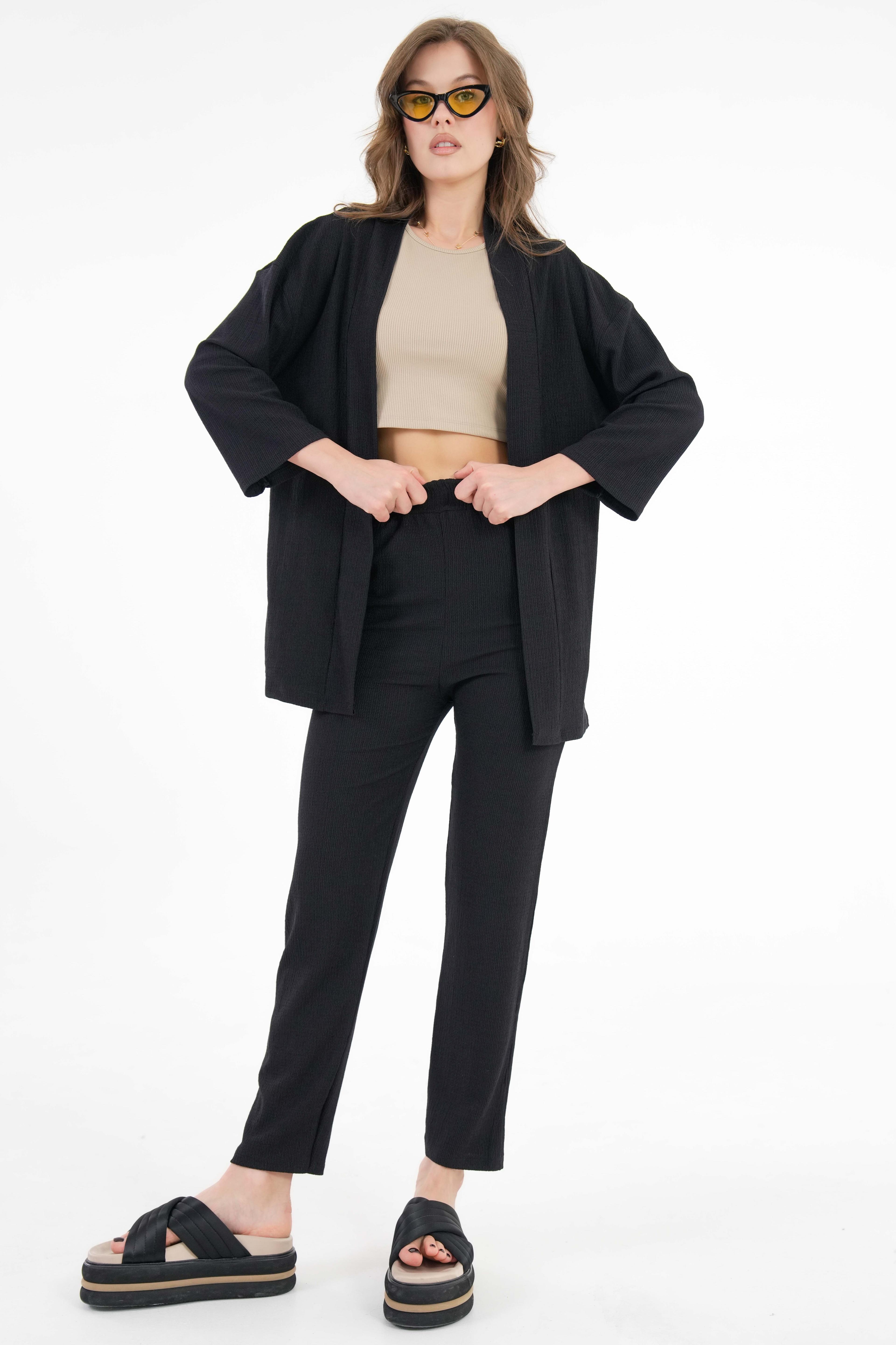 Kıraşlı Kumaş Kimono - Pantolon Örme Takım - Siyah