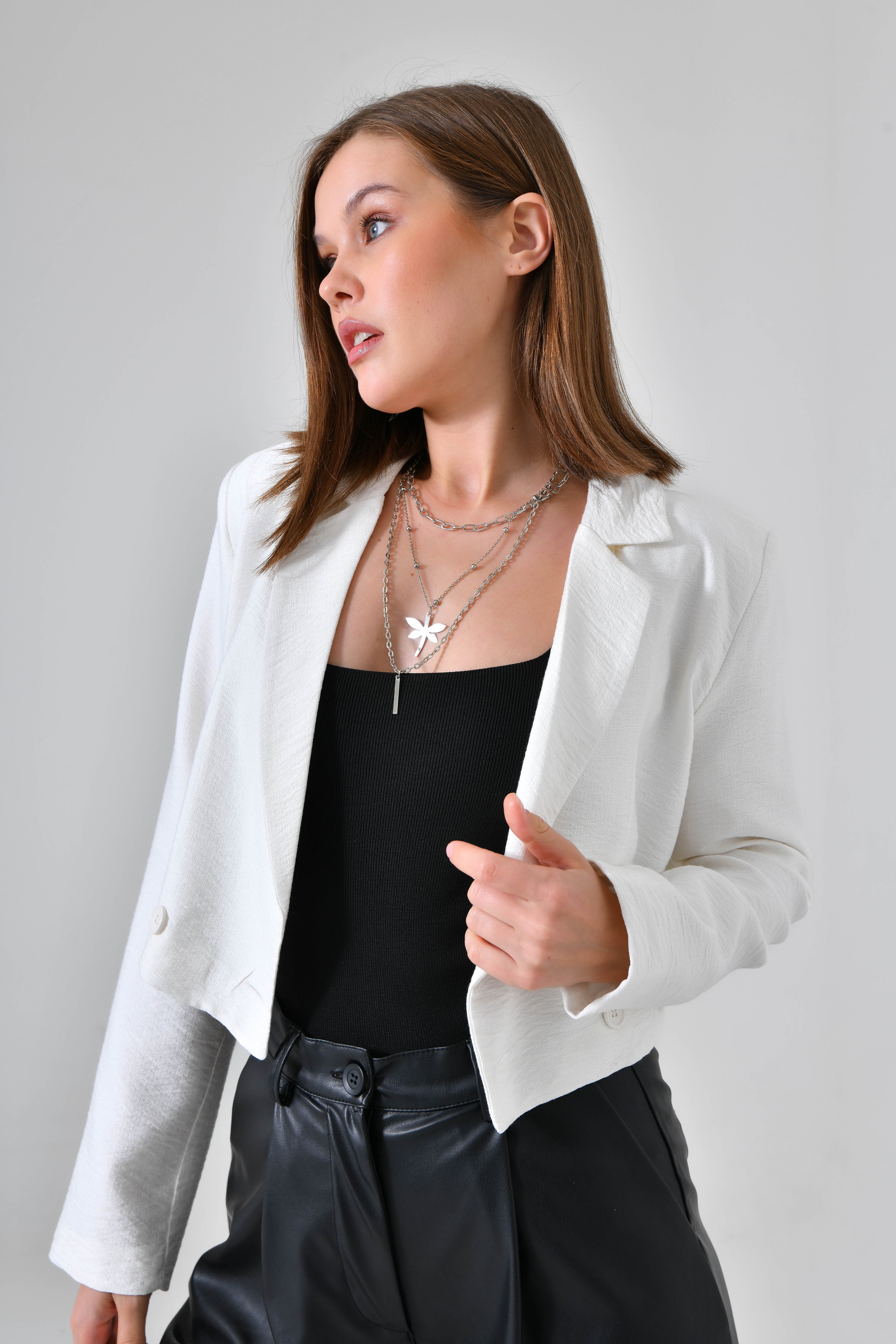 Kruvaze Crop Ceket - Beyaz