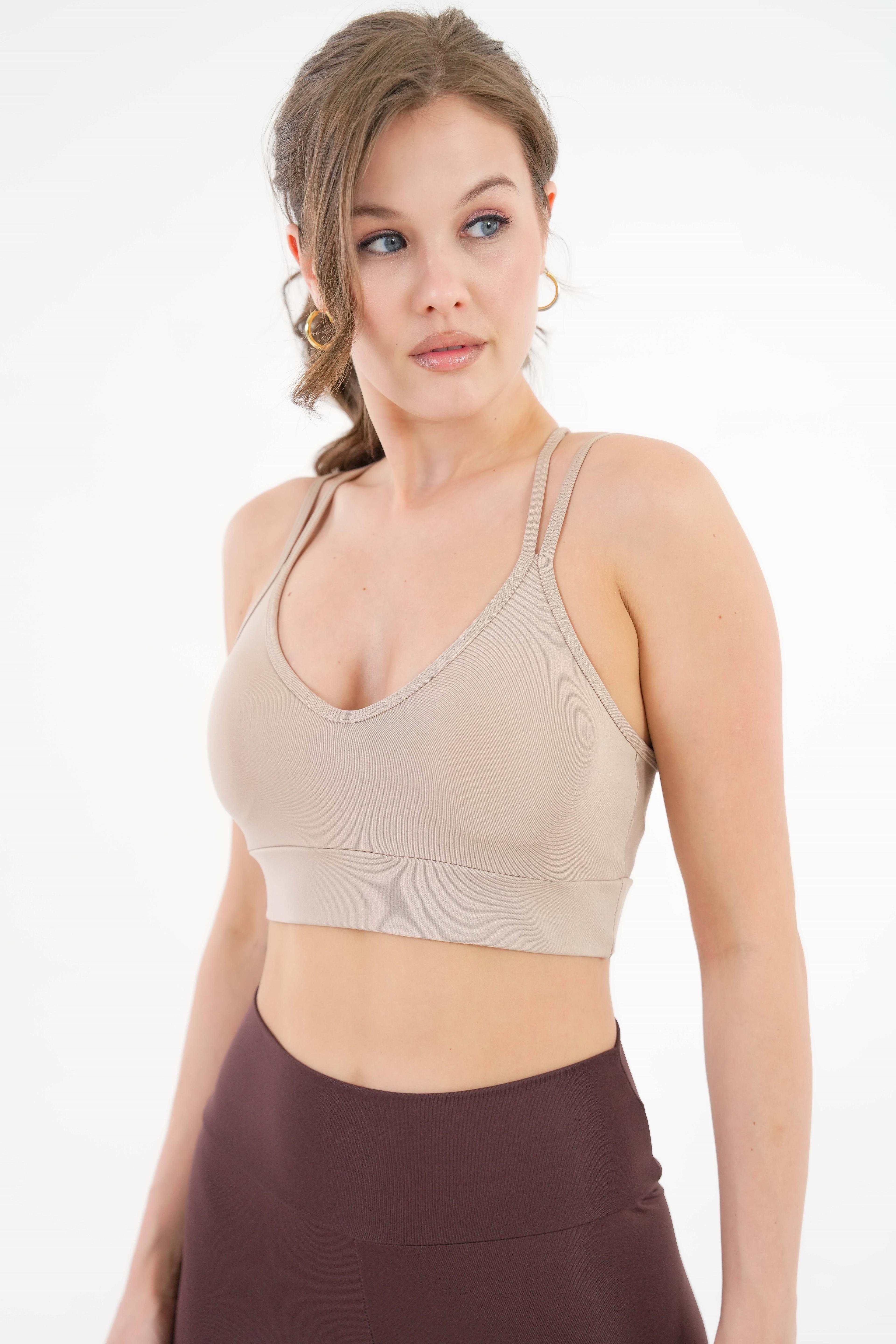 Pedli V Yaka Sırt Çapraz Askı Detaylı Örme Crop Büstiyer - Pedli Sporcu Sütyeni - Vizon