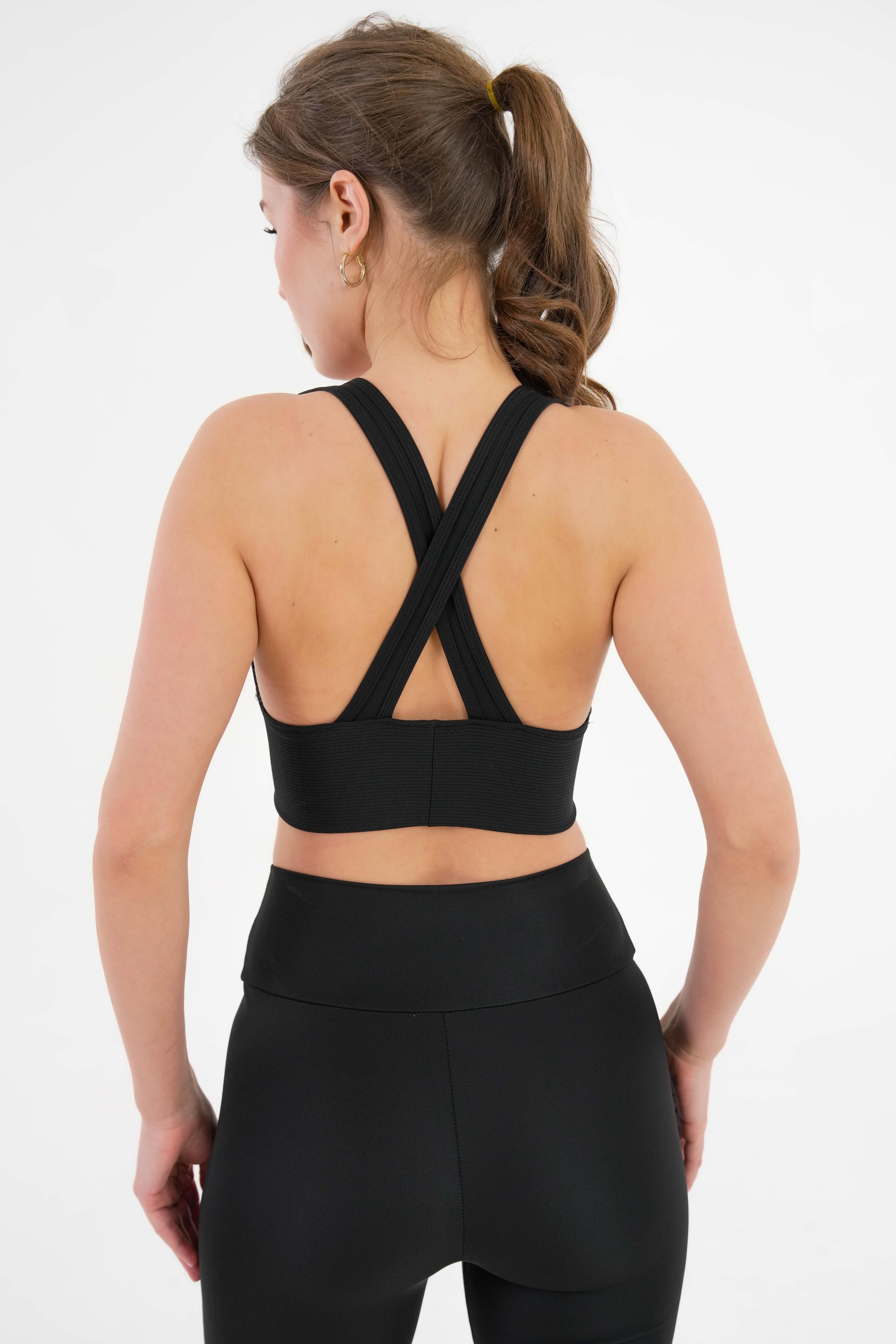 Dekolte V Yaka Fitilli Örme Seamless Pamuk Crop Büstiyer - Pedli Sporcu Sütyeni - Siyah