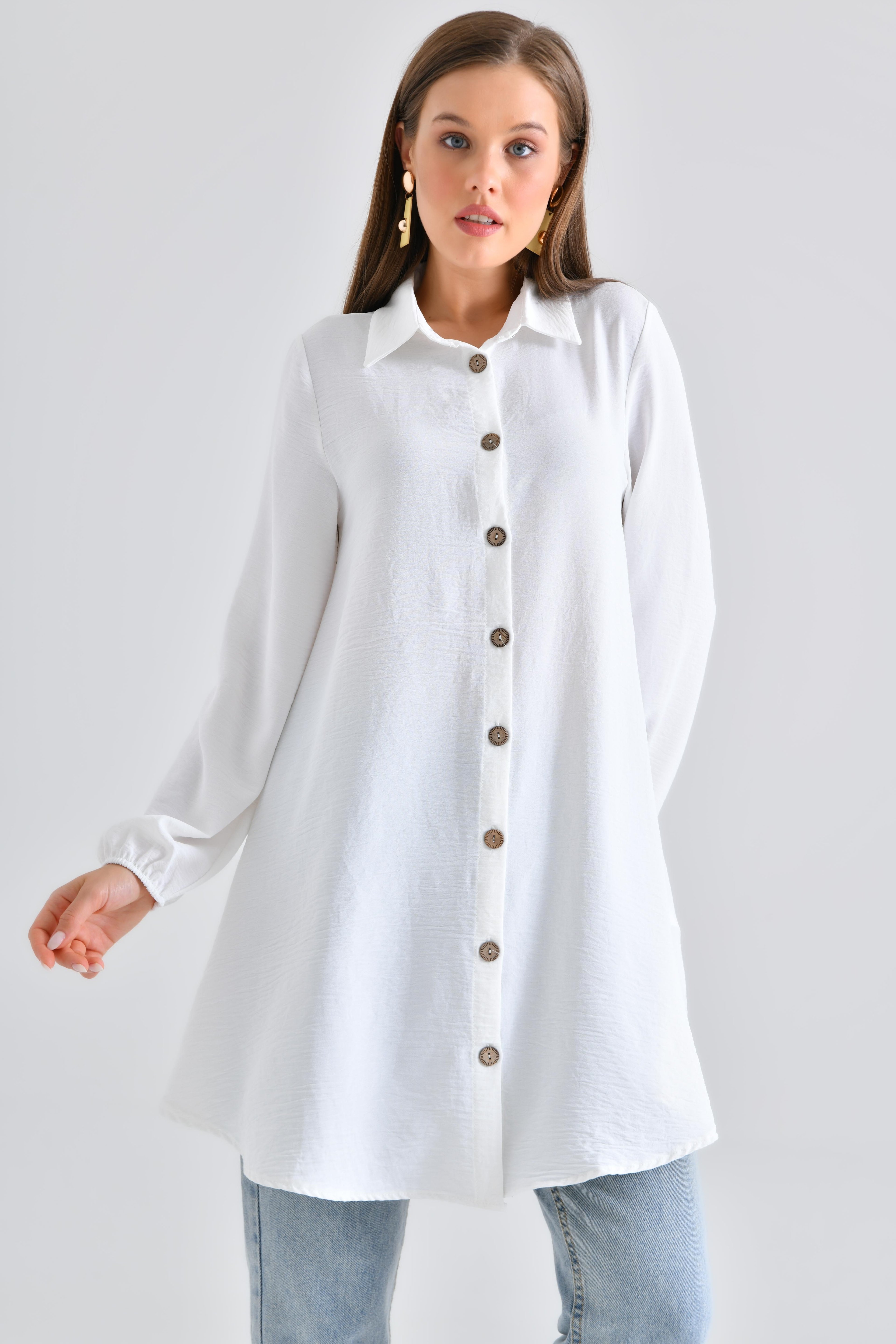 Ahşap Düğmeli Tunik - Beyaz