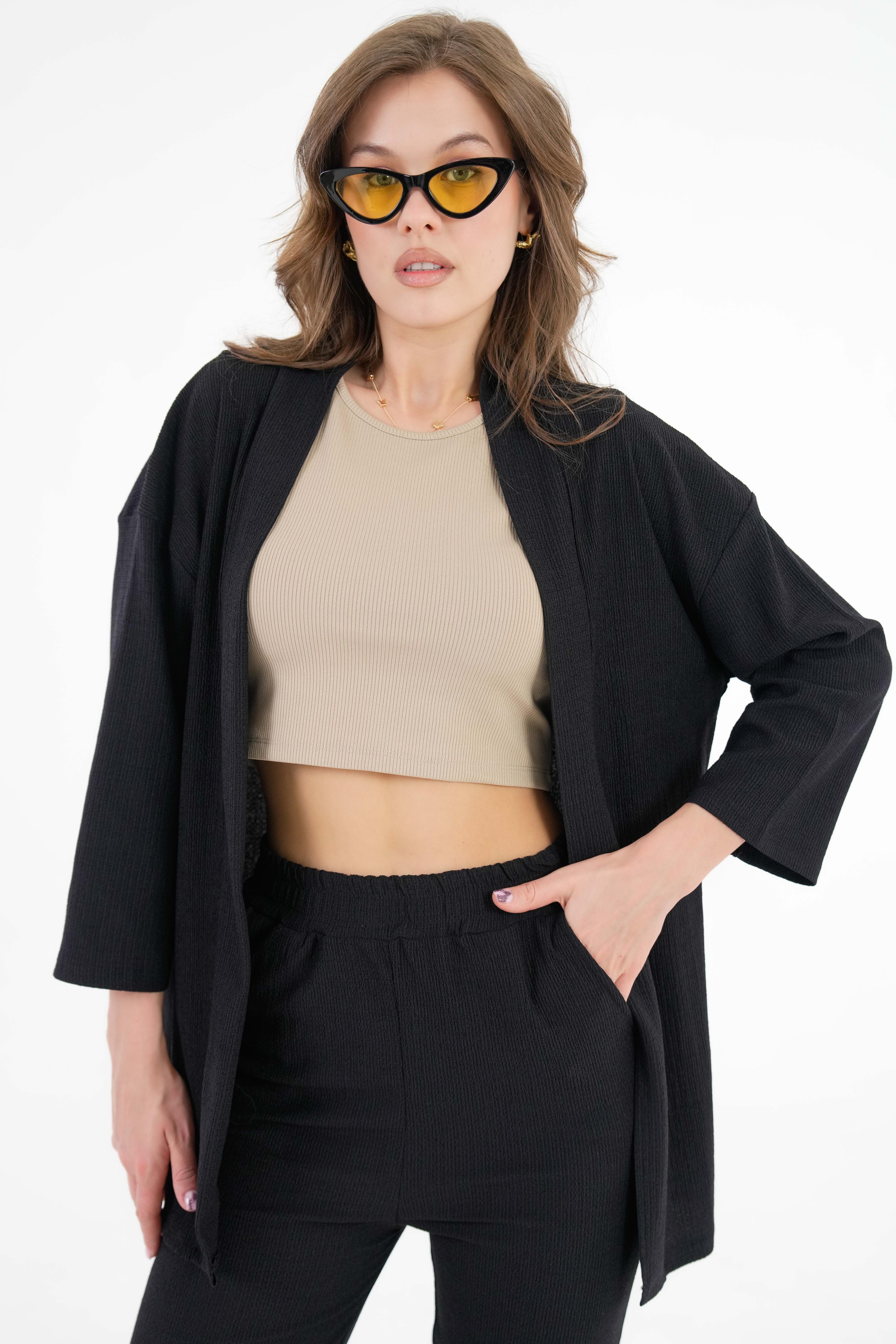 Kıraşlı Kumaş Kimono - Pantolon Örme Takım - Siyah