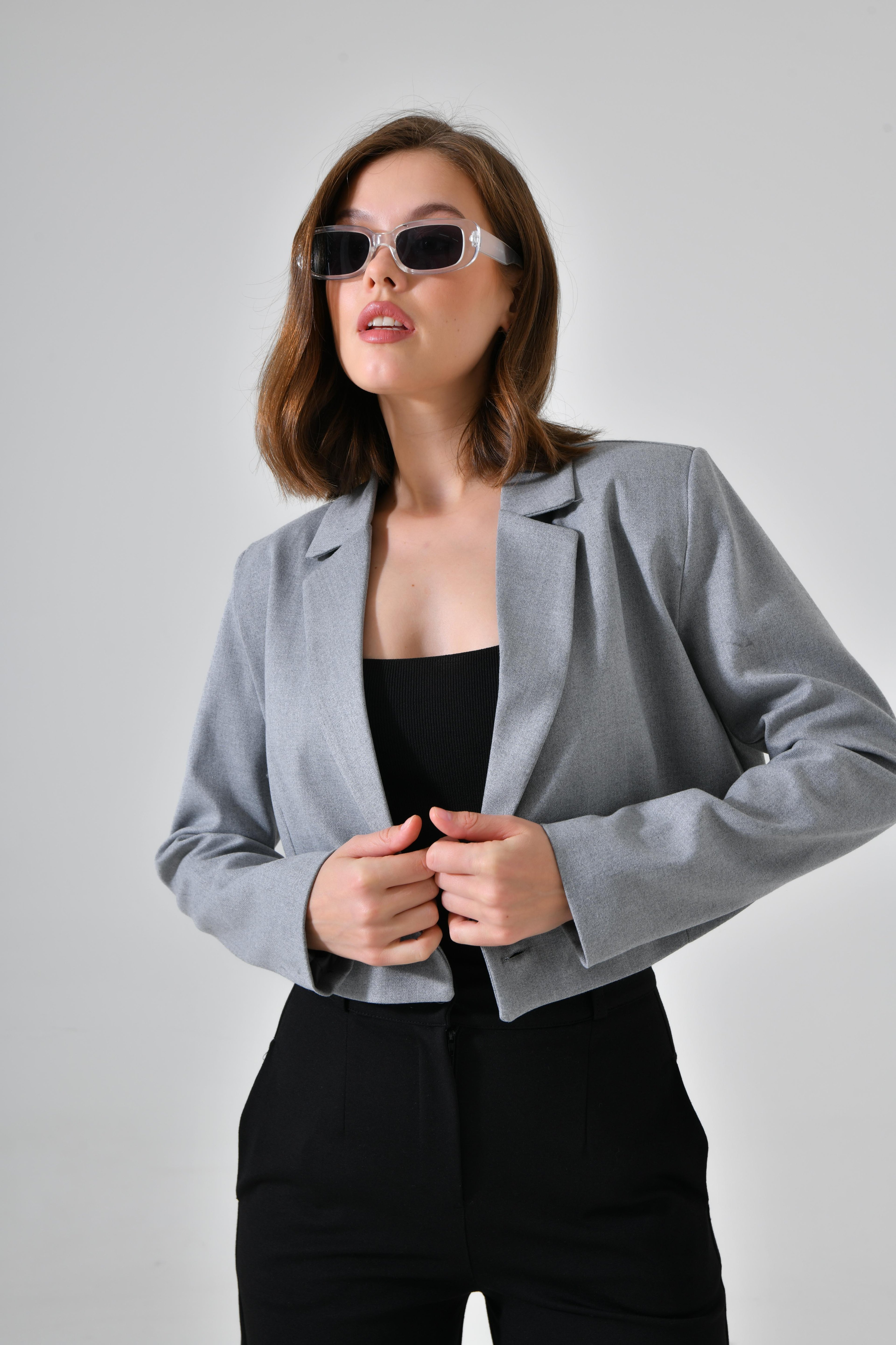 Kruvaze Crop Ceket - Gri