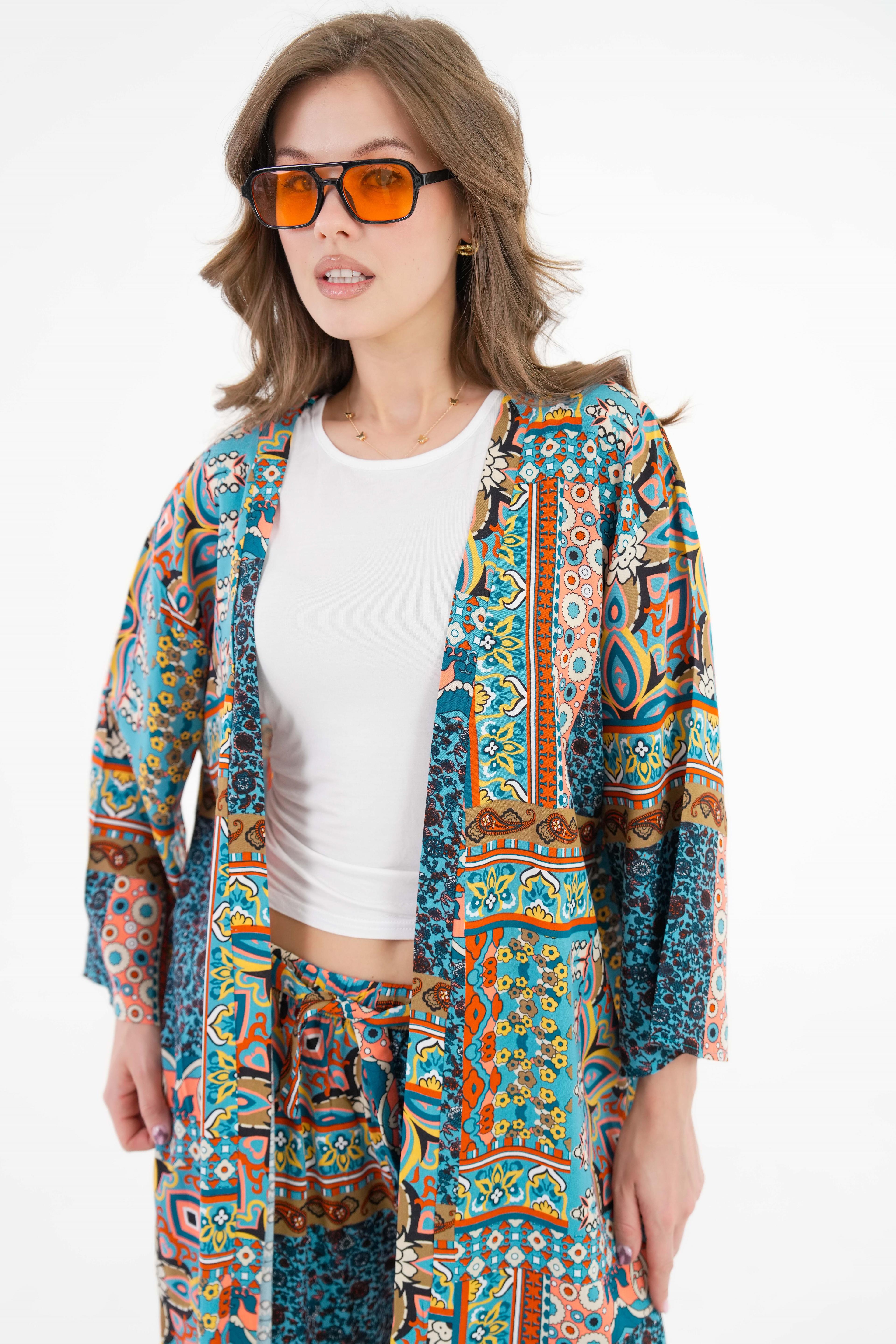 Desenli Kimono -Beli Lastikli Palazzo Pantolon Alt-Üst Takım