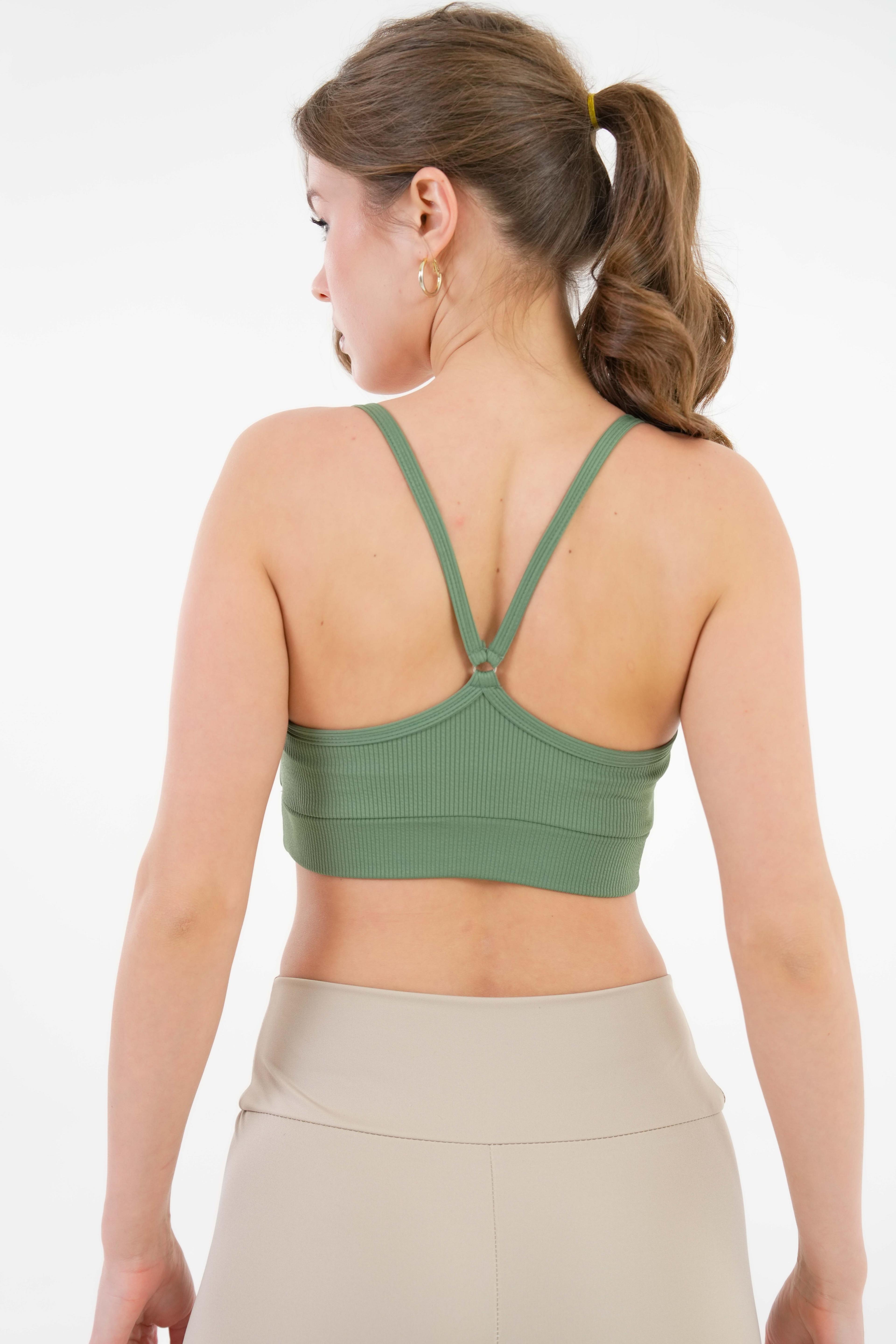 U Yaka İp Askılı Fitilli Basic Örme Crop Büstiyer - Haki