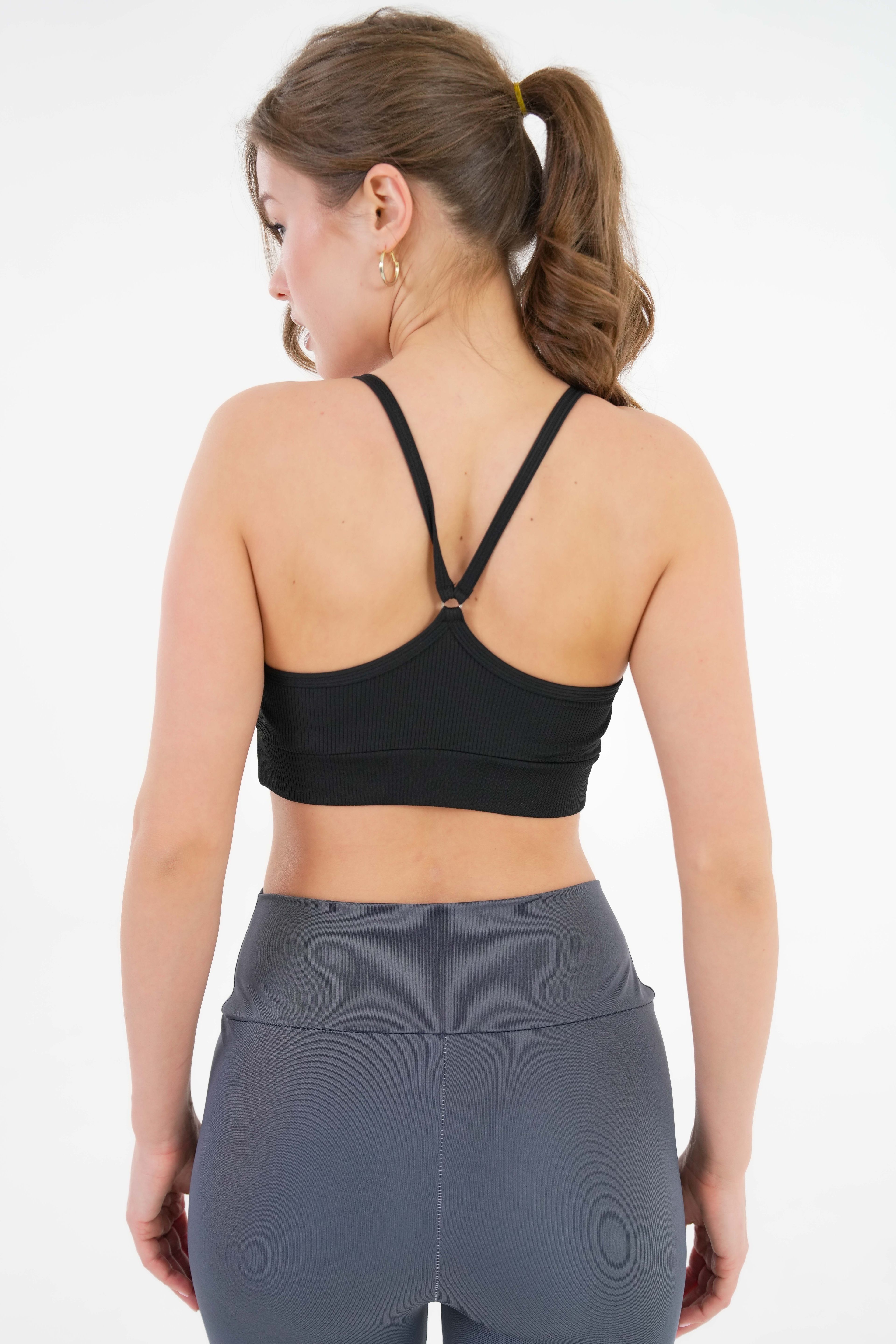 U Yaka İp Askılı Fitilli Basic Örme Crop Büstiyer - Siyah