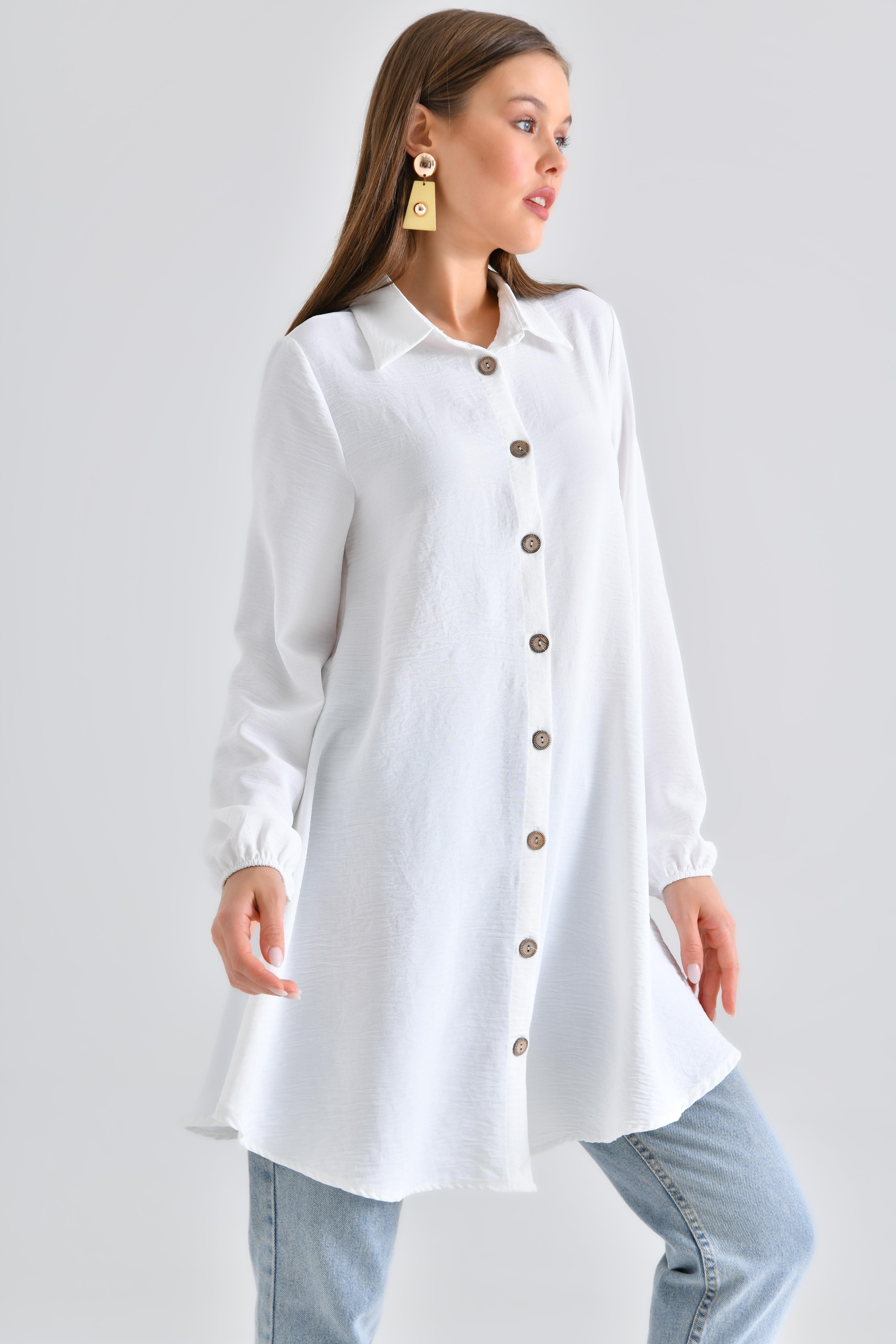 Ahşap Düğmeli Tunik - Beyaz
