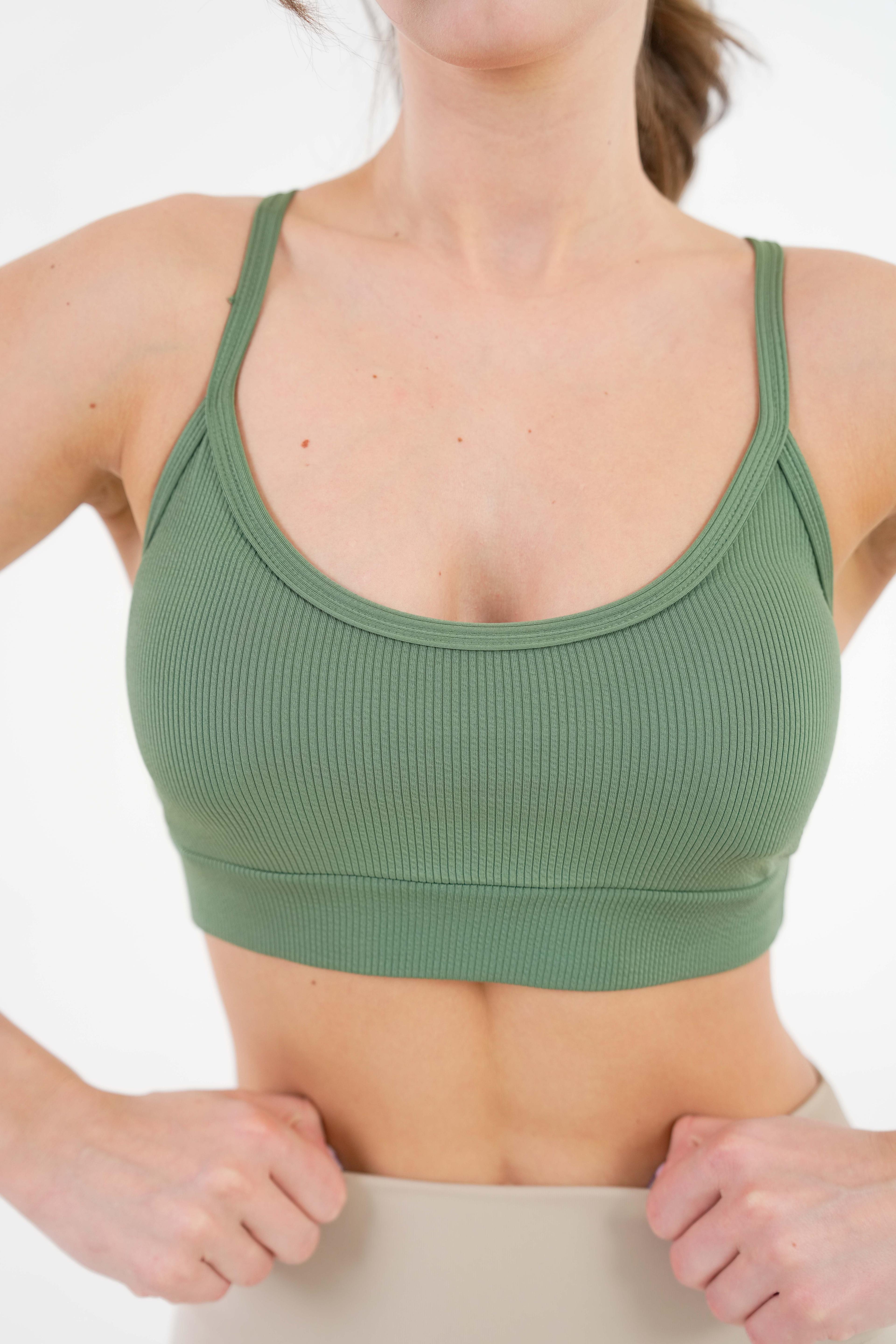 U Yaka İp Askılı Fitilli Basic Örme Crop Büstiyer - Haki