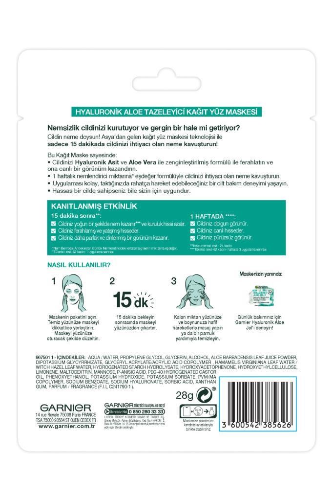 Garnier Hyaluronik Aloe Temizleyici Kağıt Yüz Maskesi