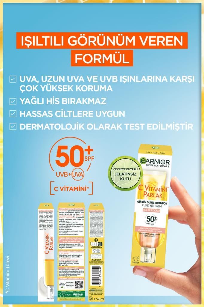 Garnier C Vitamini Parlak Günlük Güneş Koruyucu Fluid Yüz Kremi Işıltılı Doku SPF50+ 40ml