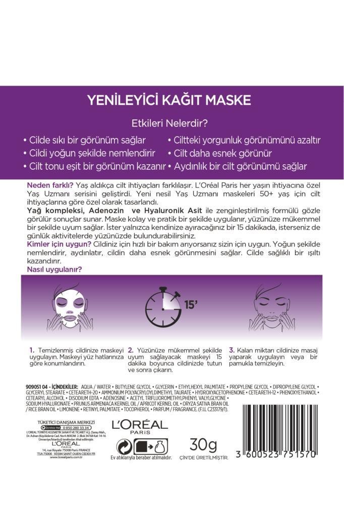 Yaş Uzmanı Yenileyici Kağıt Maske 50+