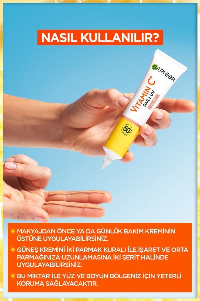 Garnier C Vitamini Parlak Günlük Güneş Koruyucu Fluid Yüz Kremi Işıltılı Doku SPF50+ 40ml