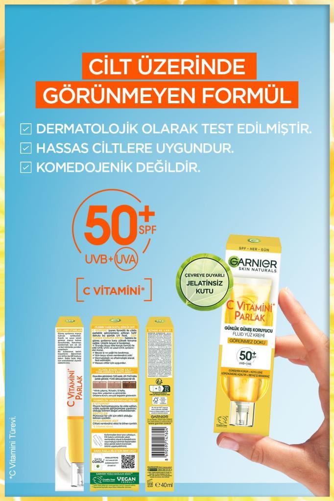 Garnier C Vitamini Günlük Güneş Koruyucu Fluid Yüz Kremi Görünmez Doku SPF50+ 40ml