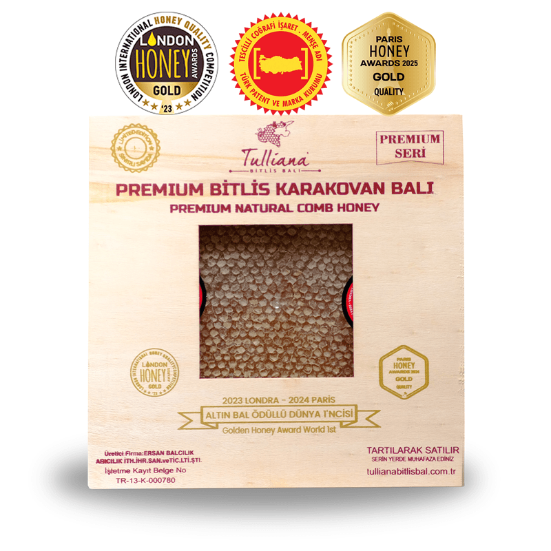Premium Seri Polifloralı (Çok Çiçekli) Karakovan Petek Balı - 1 Kg. Ahşap