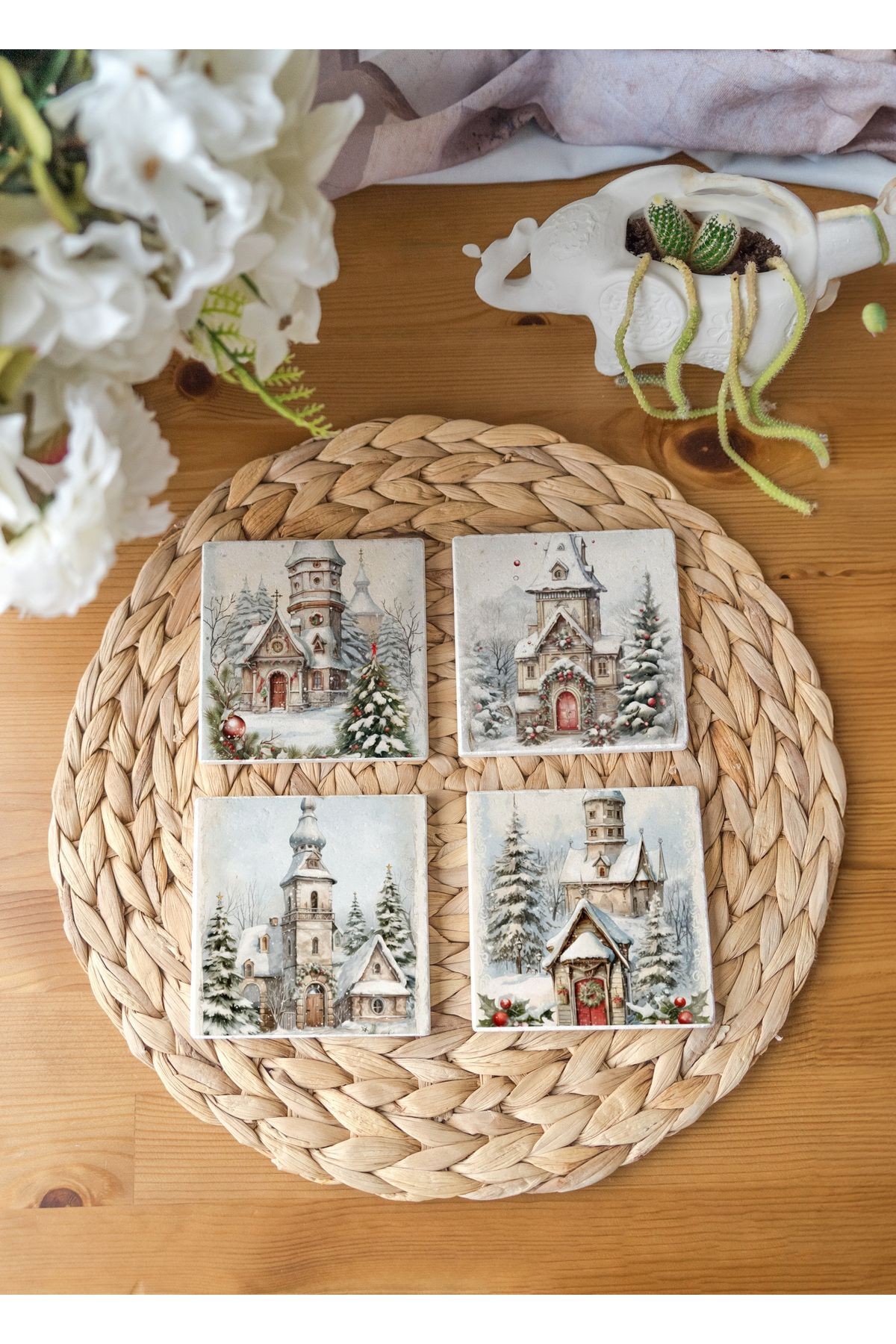 Arslat Atölye Yılbaşı Evleri Temalı Bardak Altlığı 4’lü Set Doğal Taş Traverten (10x10 cm)