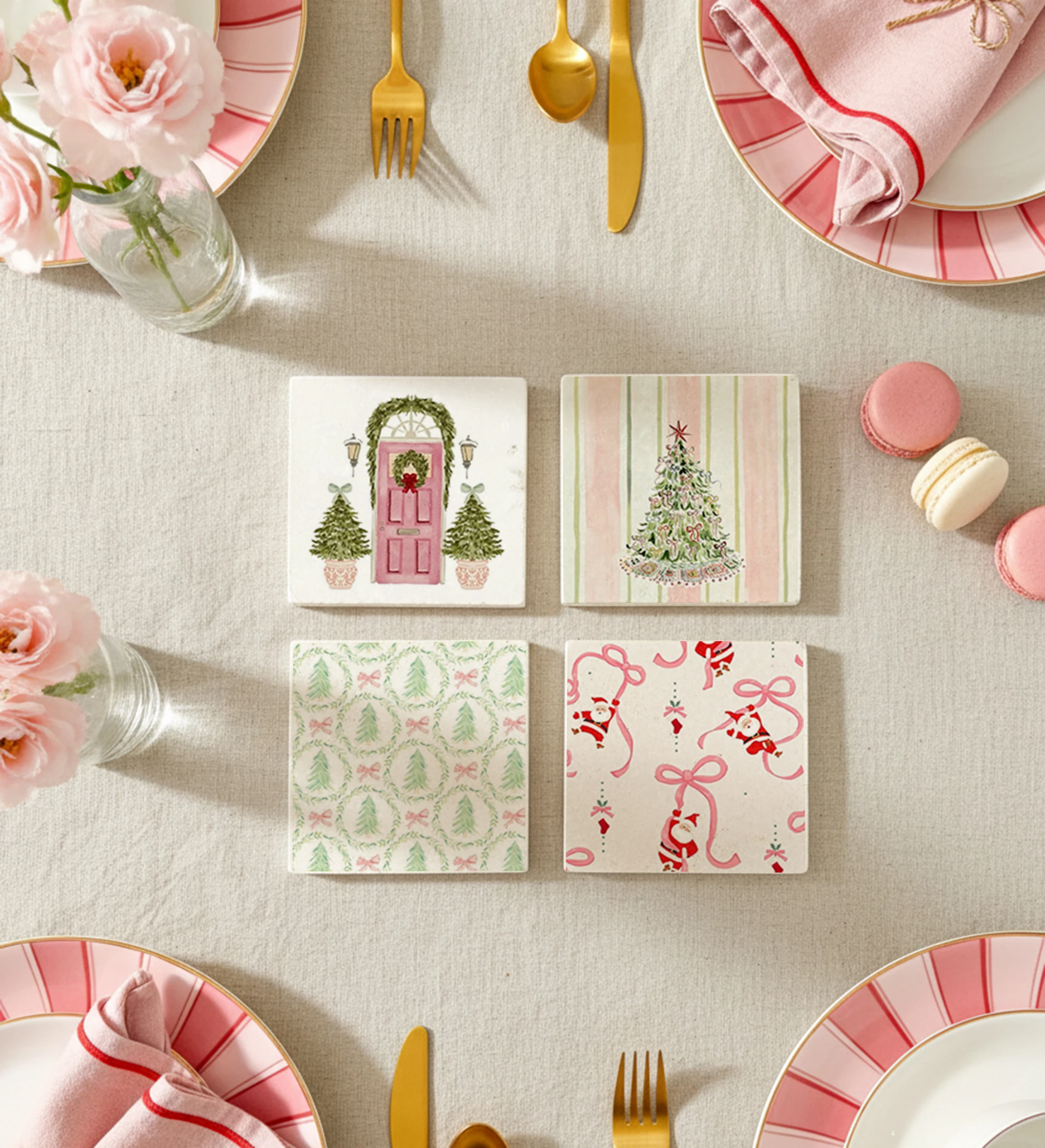 Pembe ve Yeşil Yılbaşı Desenli Doğal Taş Bardak Altlığı, Ev Dekoru, Yılbaşı Hediyesi, 4’lü