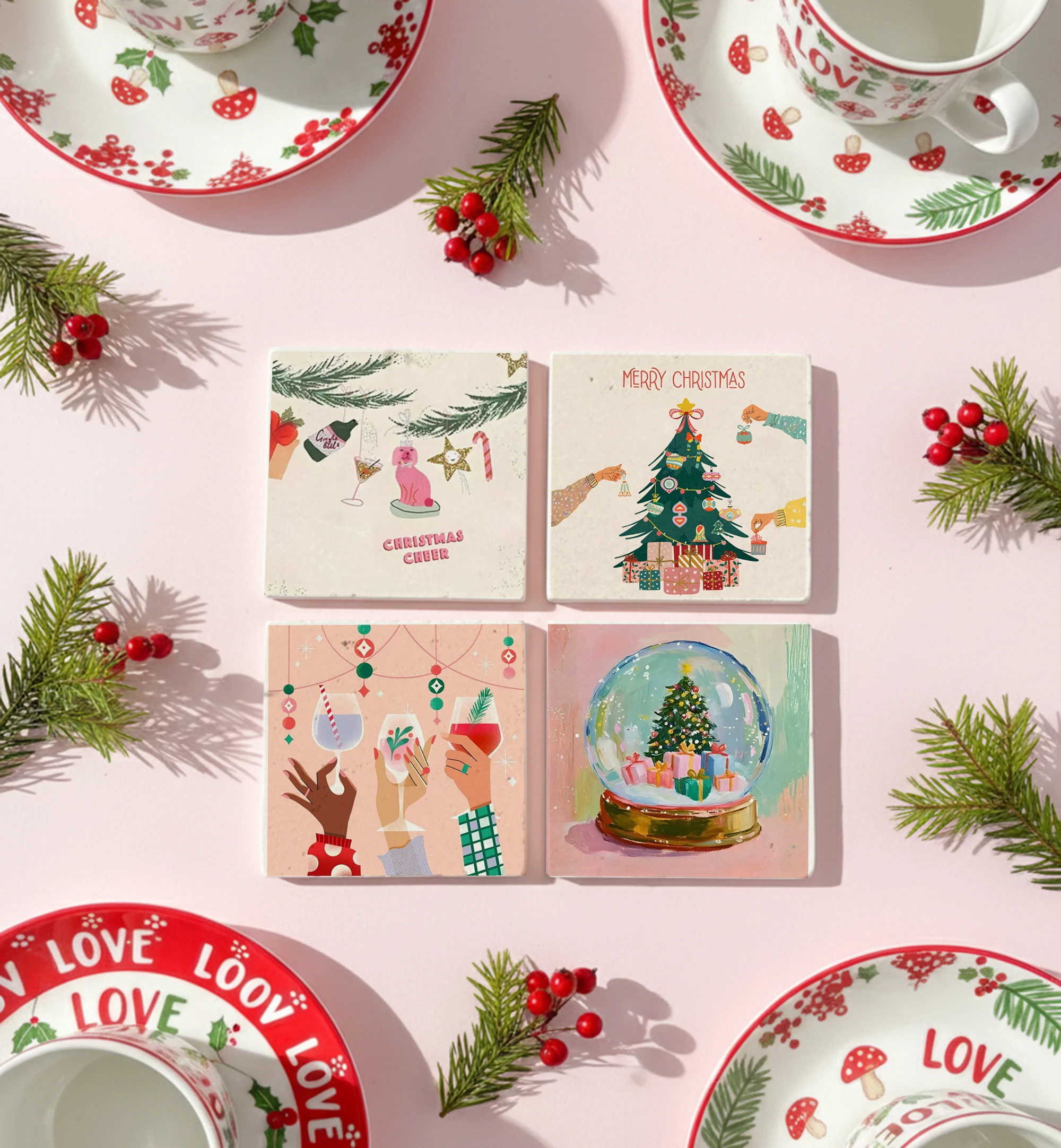 Eğlenceli Yılbaşı Sofrası ve Noel Ağacı Temalı Doğal Taş Bardak Altlığı, Yeni Yıl Hediyesi, 4’lü