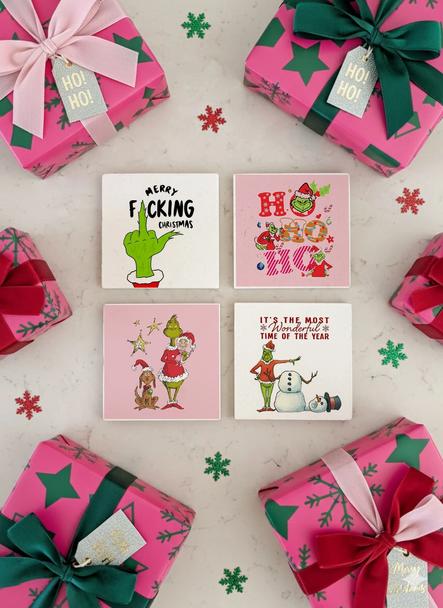 Grinch Temalı Doğal Taş Bardak Altlığı, Eğlenceli Noel Tasarımı, Yılbaşı Hediyesi, 4’lü