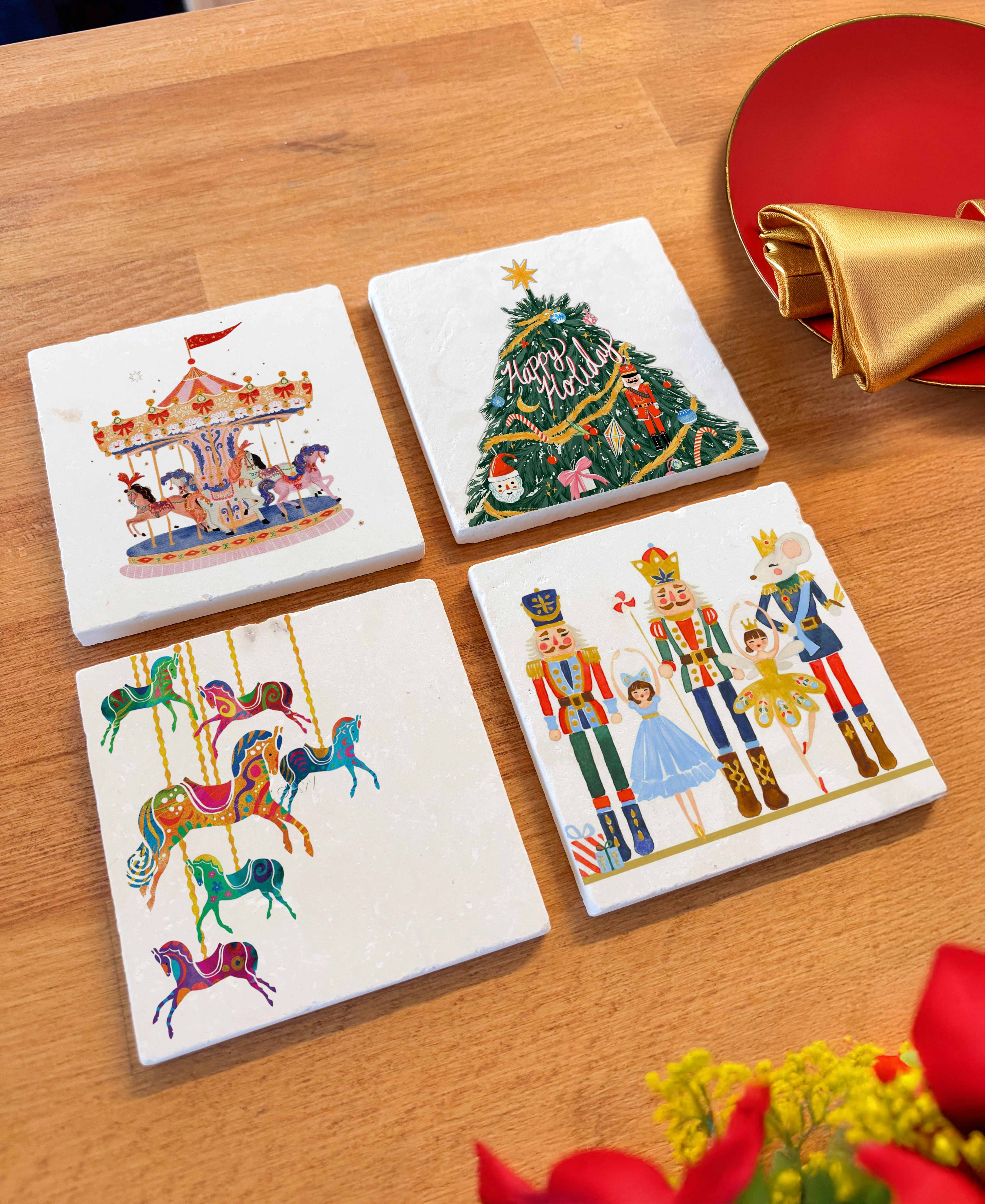 Atlı Karınca ve Balon Desenli Doğal Taş Bardak Altlığı, Yılbaşı Hediyesi, 4’lü