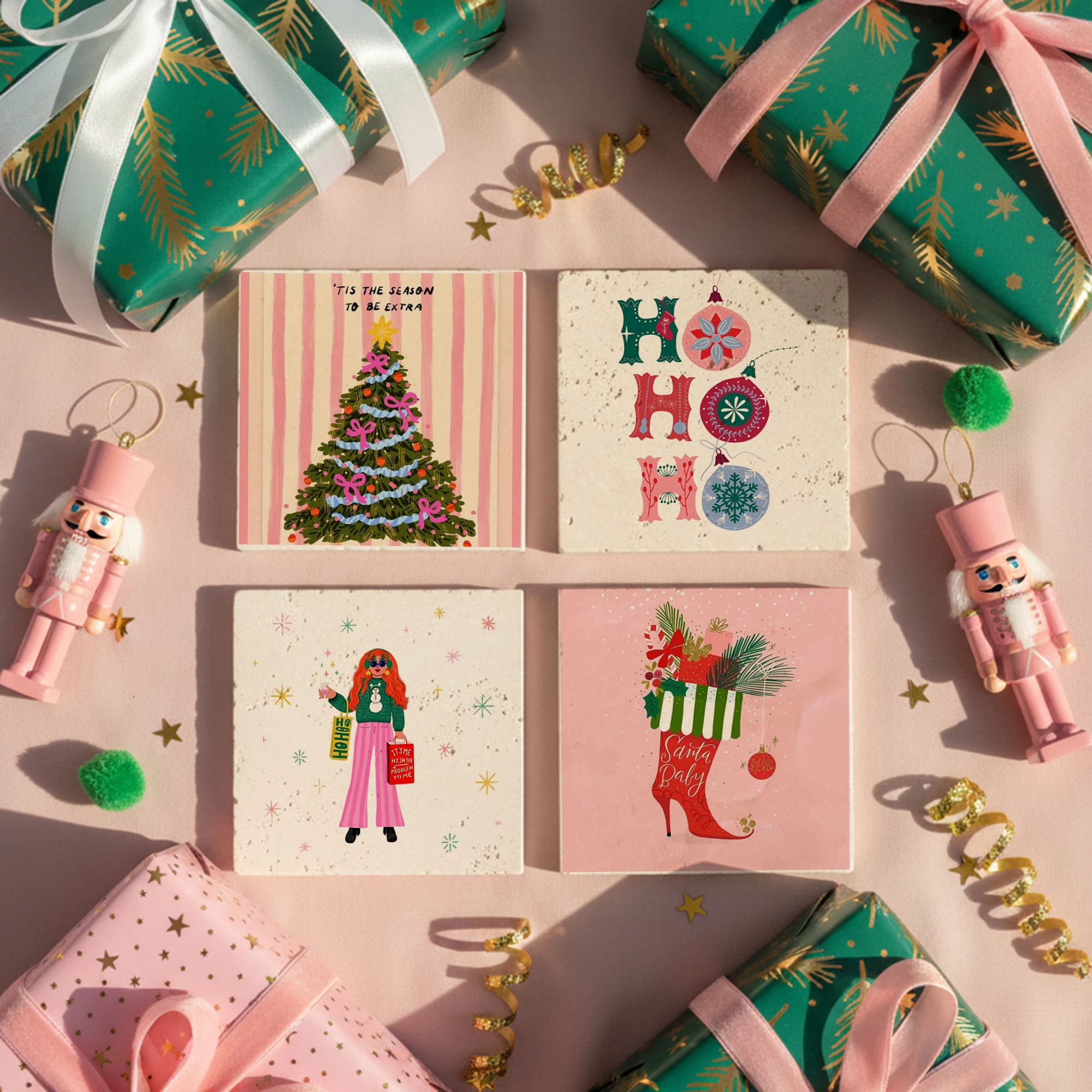 Pembe Yılbaşı Temalı Doğal Taş Bardak Altlığı, Modern Christmas Tasarımı, Yılbaşı Hediyesi, 4’lü