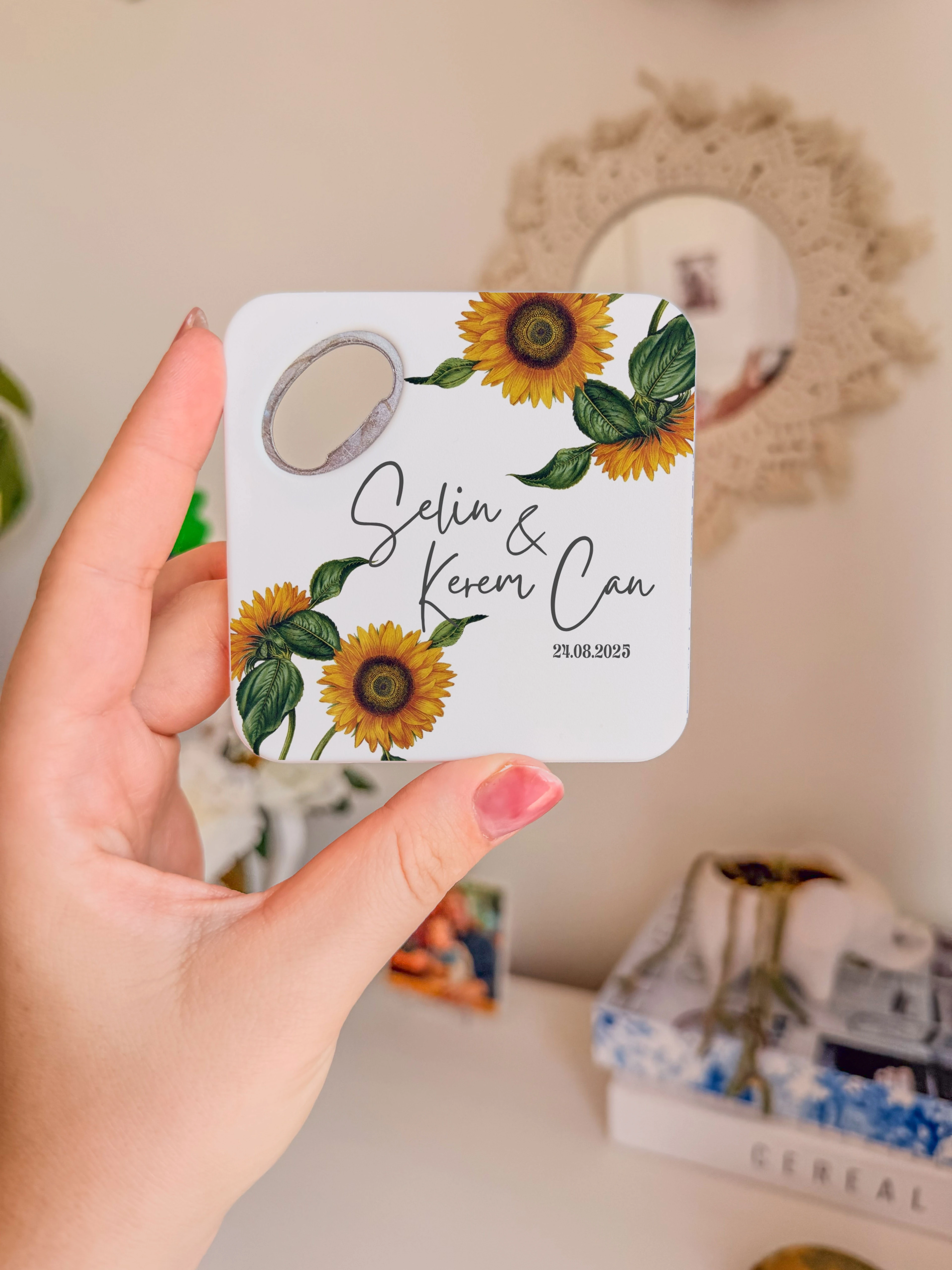 Ayçiçek desenli beyaz tasarım magnet açacak bardak altlığı kişiye özel düğün nişan hediyelik 20 adet