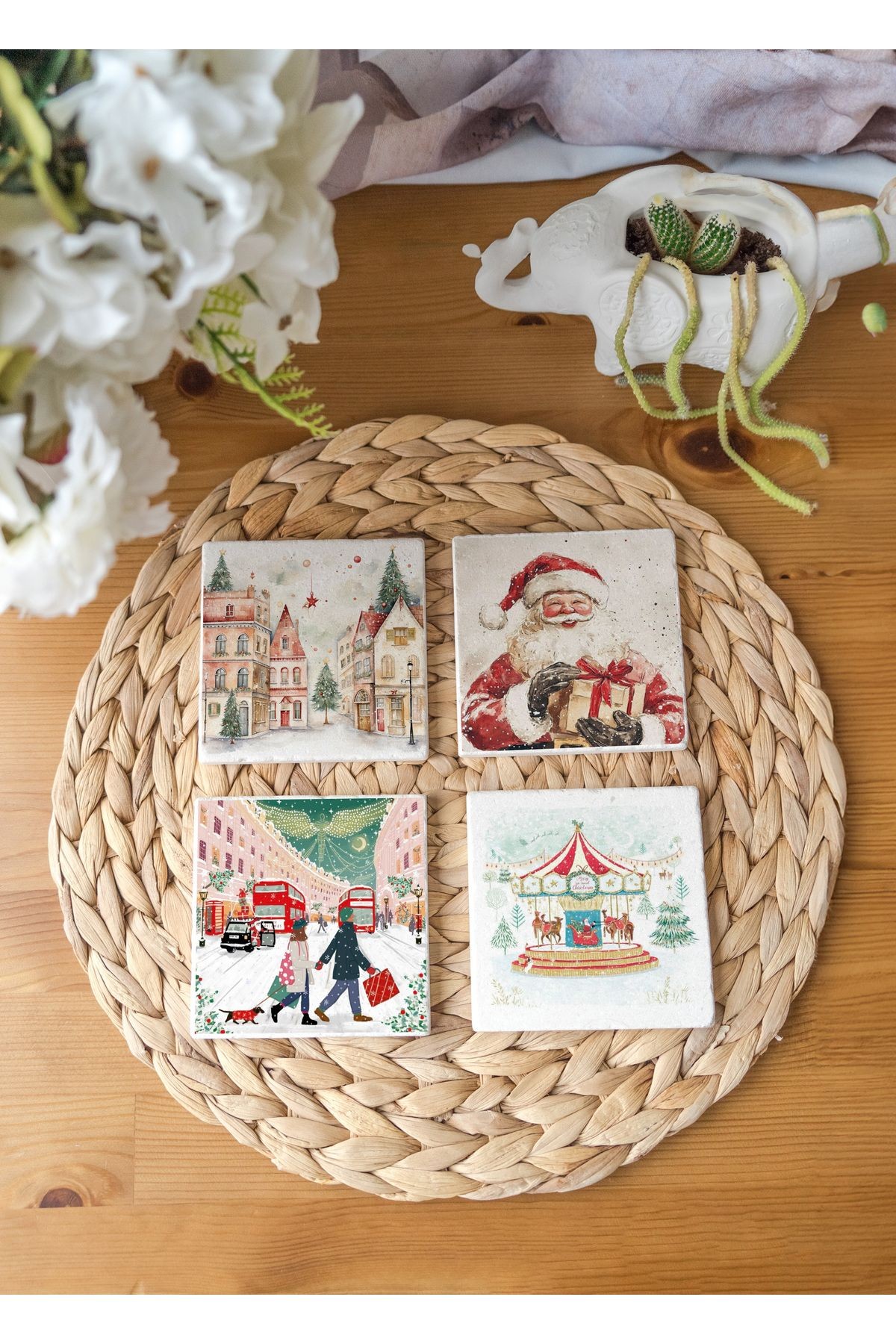 Arslat Atölye Nostaljik Yılbaşı Karpostalı Temalı Doğal Taş Bardak Altlığı 4’lü Set (10x10 cm)