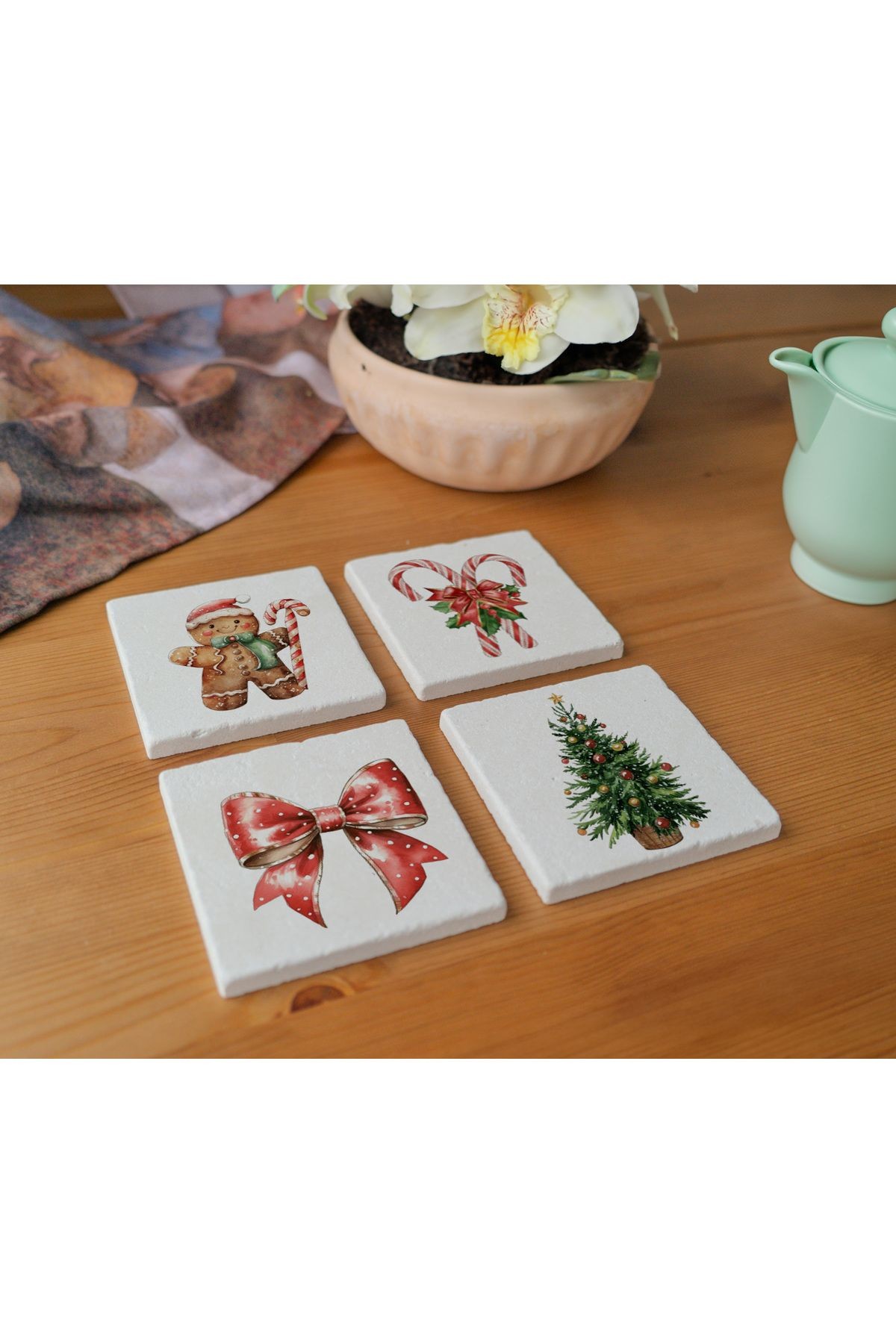 Atölye Gingerbread ve Şeker Temalı Bardak Altlığı 4’lü Set Doğal Taş Traverten (10x10 cm)