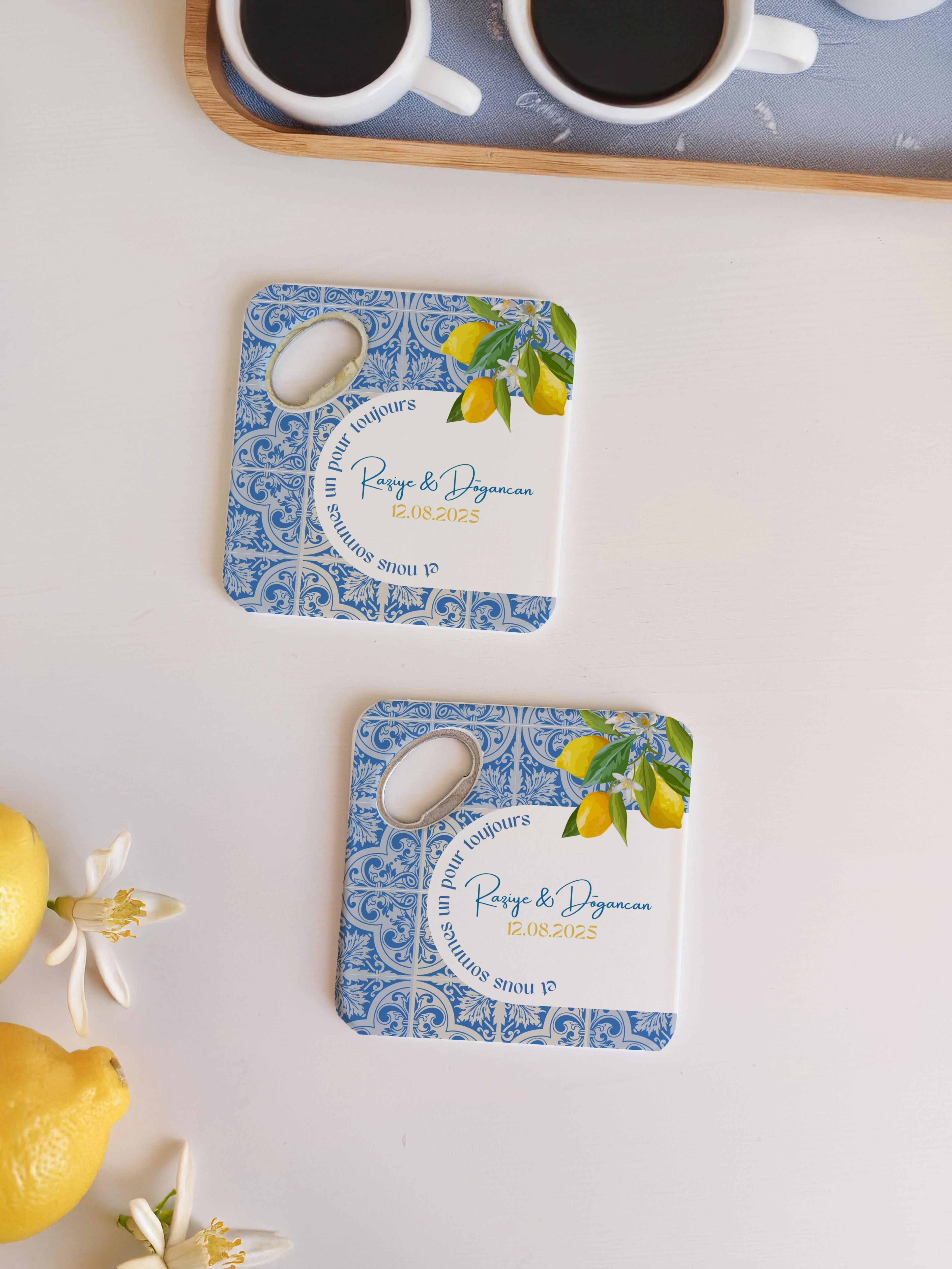 Limon desenli mavi motifli magnet açacak bardak altlığı kişiye özel düğün nişan hediyelik 20 adet