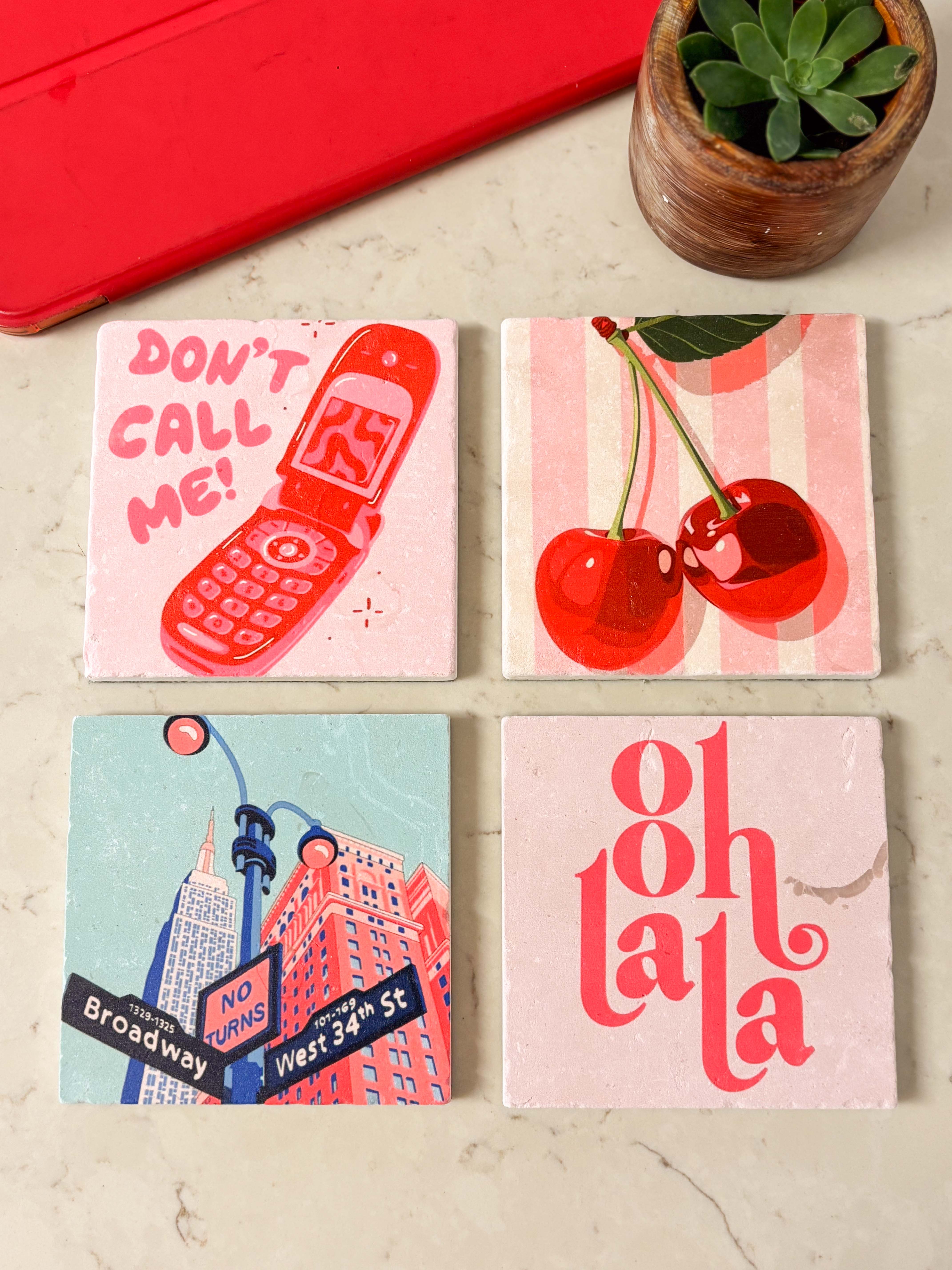 Pop Art Desenli Doğal Taş Bardak Altlığı, Ev ve Ofis Kullanımı, 4 Adet