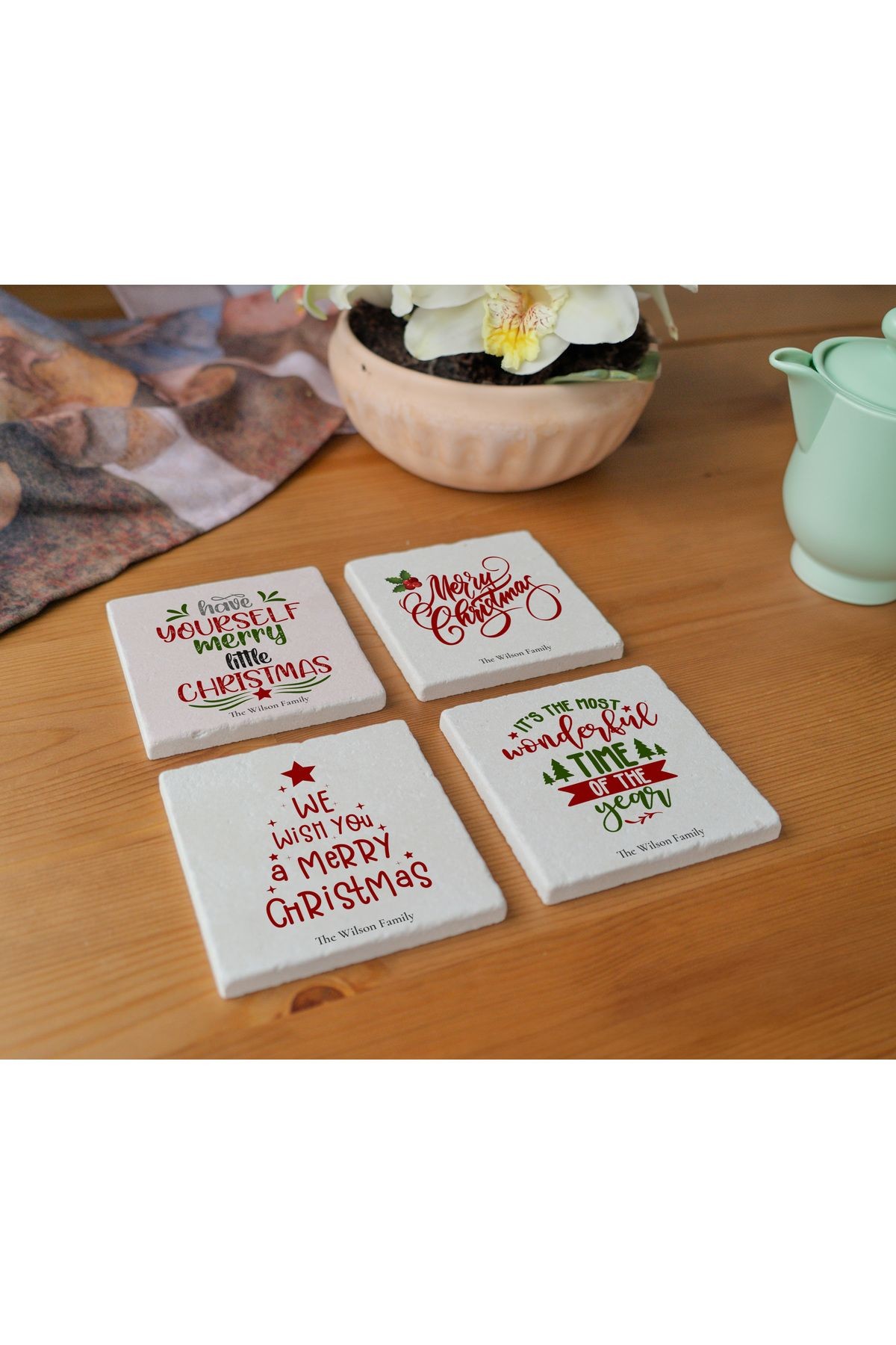 Arslat Atölye Christmas Motto Yazılı Bardak Altlığı 4’lü Set Doğal Taş Traverten (10x10 cm)